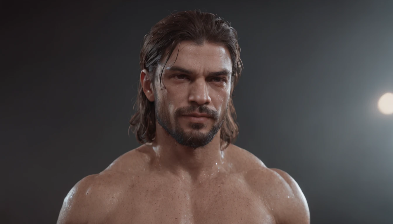 (Professional 3D rendering:1.3) de (Realistic:1.3) Foto de arte mais bonita do mundo,Features soft, bright male heroes, ((Epic hero fantasy rough muscular man wet hero angry look long hair short beard and fierce expression in dynamic pose, fantastic location, majestoso ambiente desordenado)), corpo inteiro 8k unidade render, action shot, poros da pele, very dark lighting, sombreamento pesado, circunstanciado, Rosto detalhado, (vibrante, fotogrdeia realista, Realistic, Dramatic, Escuro, foco nítido, 8k), (Old leather clothes damaged by bad weather:1.4), ((((Use peles)))), (intrincado:1.4), decadente, (altamente detalhado:1.4), pintura digital, rendering by octane, art stations, Conceito-Arte, liso, foco nítido, illustration, germe da arte, (Loish:0.23), Wlop Ilya Kuvshinov, e Greg Rutkowski e Alphonse Mucha Gracias, (global ilumination, studiolight, Light Volumetric), chuva forte, floating particles, patife, fantasia, Onze, corpo inteiroesbian, ((Fundo escuro e antigo da cidade:1.3)),CGSesociedade,art stations