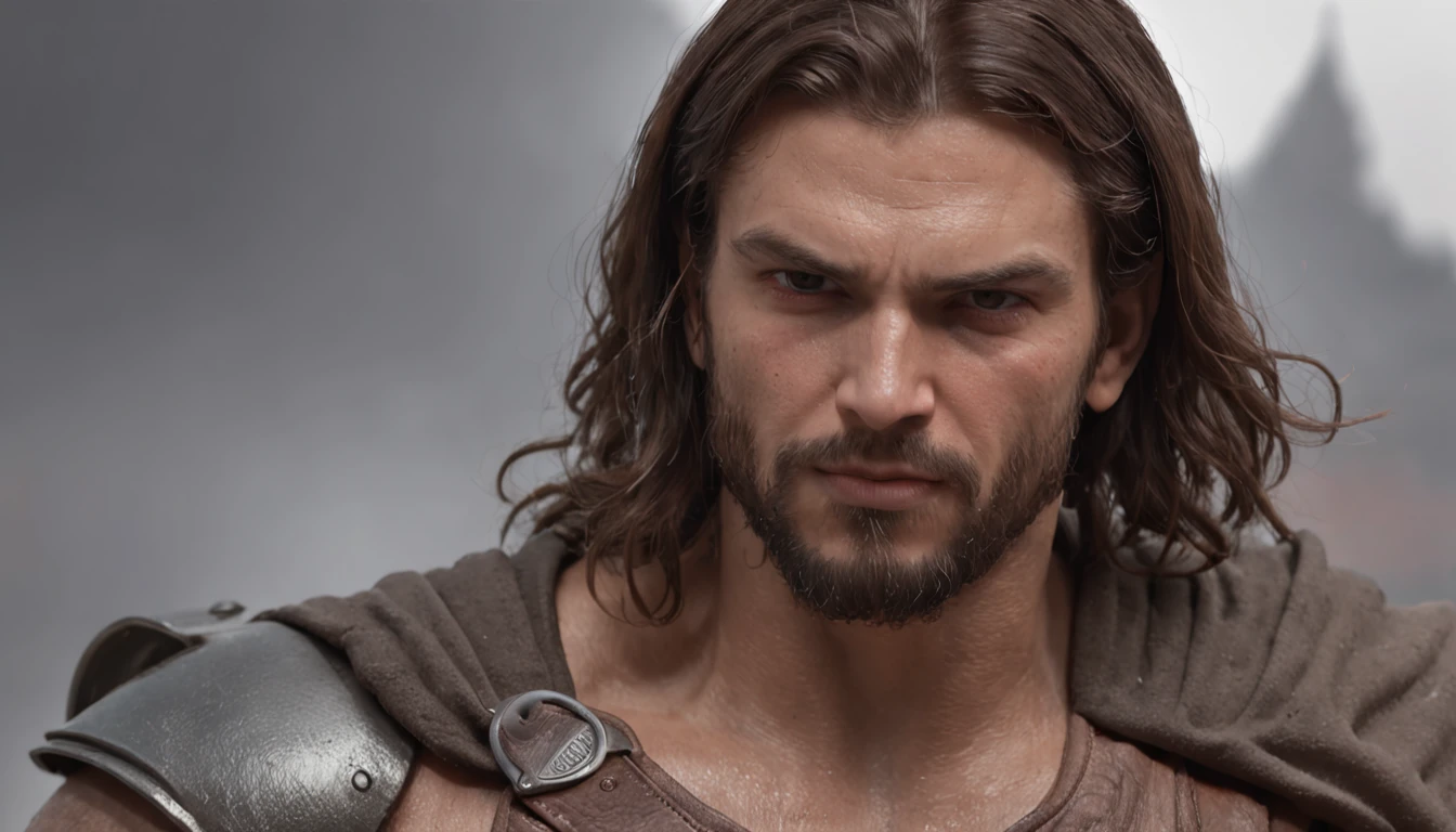 (Professional 3D rendering:1.3) de (Realistic:1.3) Foto de arte mais bonita do mundo，Features soft, bright male heroes, ((Epic hero fantasy rough muscular man wet hero angry look long hair short beard and fierce expression in dynamic pose, fantastic location, majestoso ambiente desordenado)), corpo inteiro 8k unidade render, action shot, poros da pele, very dark lighting, sombreamento pesado, circunstanciado, Rosto detalhado, (vibrante, fotogrdeia realista, Realistic, Dramatic, Escuro, foco nítido, 8k), (Old leather clothes damaged by bad weather:1.4), ((((Use peles)))), (intrincado:1.4), decadente, (altamente detalhado:1.4), pintura digital, rendering by octane, art stations, Conceito-Arte, liso, foco nítido, illustration, germe da arte, (Loish:0.23), Wlop Ilya Kuvshinov, e Greg Rutkowski e Alphonse Mucha Gracias, (global ilumination, studiolight, Light Volumetric), chuva forte, floating particles, patife, fantasia, Onze, corpo inteiroesbian, ((Fundo escuro e antigo da cidade:1.3)),CGSesociedade,art stations