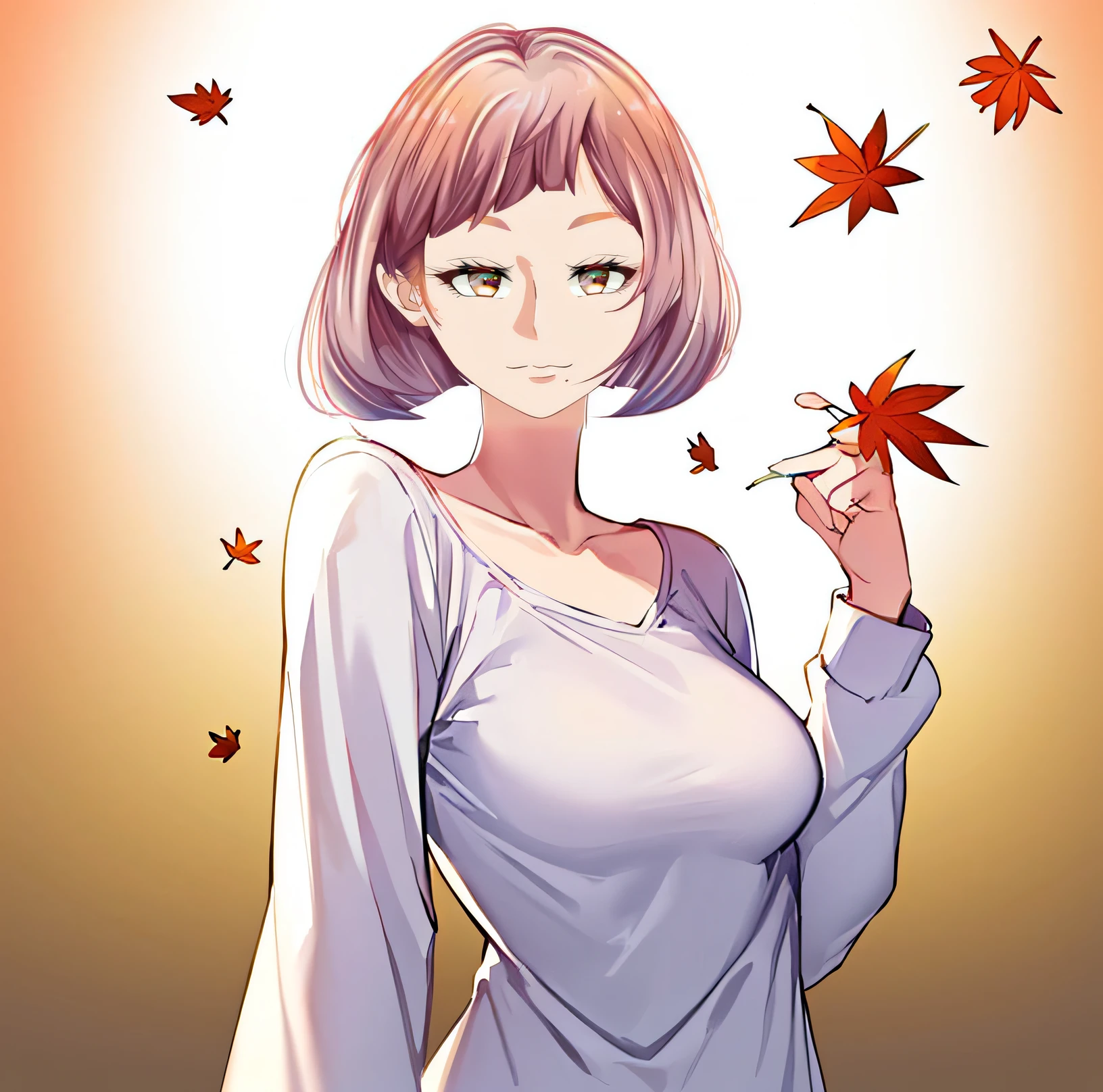 (((masterpiece))), (((best quality))), ((ultra-detailed)), (highly detailed CG illustration), ((an extremely delicate and beautiful)),((Soft off-white with a hint of lavender t-shirt:1.5)), ((plain t-shirt:1.5)),(long sleeves:1.5),(Casual T-shirt),(From a slight side angle), (The side of one arm is visible),(very loose T-shirt:1.2), (plain t-shirt), ((upper body:1.5)),portrait of an anime girl, t-shirt,1girl, solo,(Autumn leaf bronze eyes:1.5), (short hair),(Rose and light orange, purple hair), looking at viewer,smiling,bad-girl,mature female, anime girl with long hair, ((medium breasts:1.5))