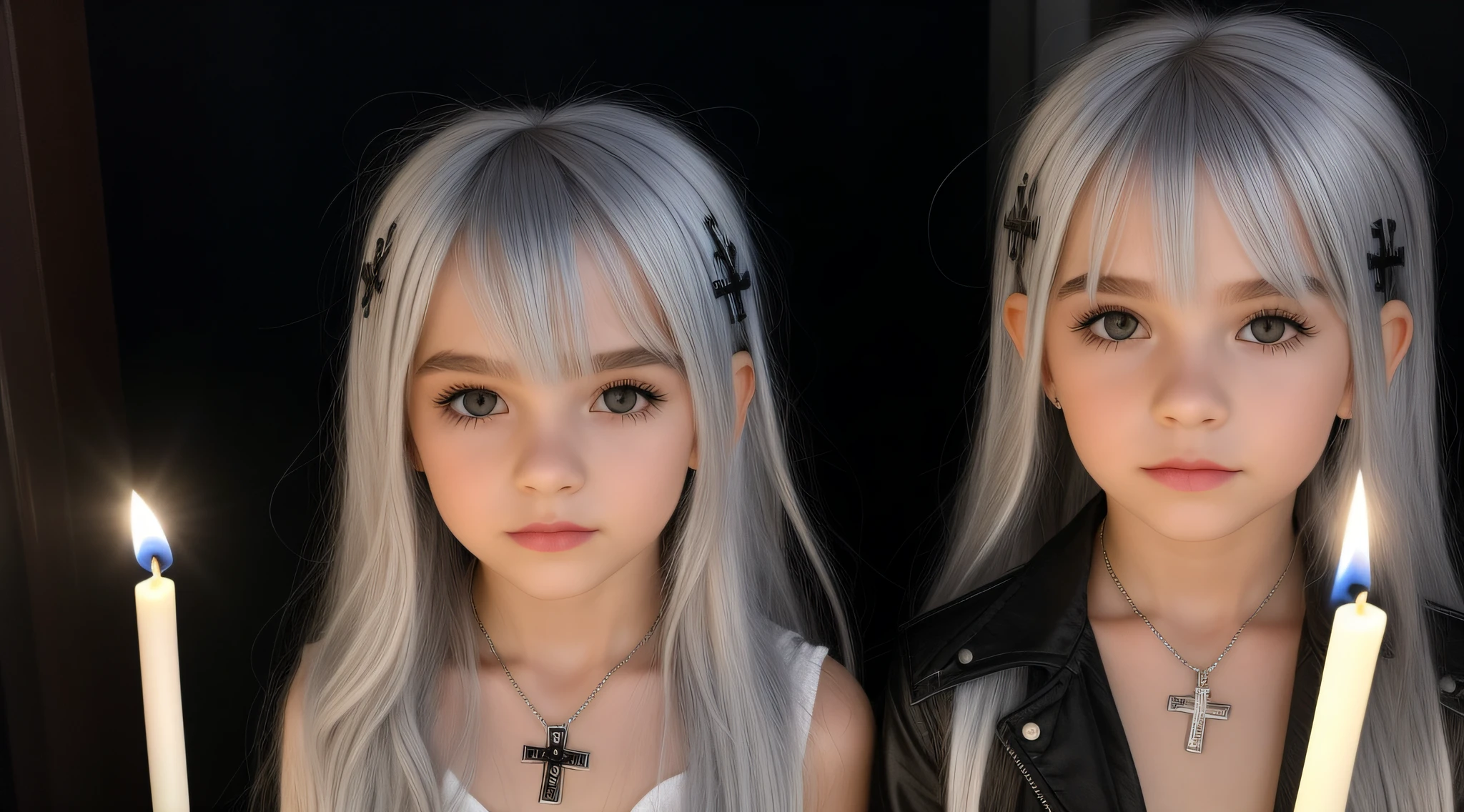 SILVER HAIR KIDS CABELO LONGO, Gothic cross, cruz, CROSSES WITH LIT CANDLES in hand.