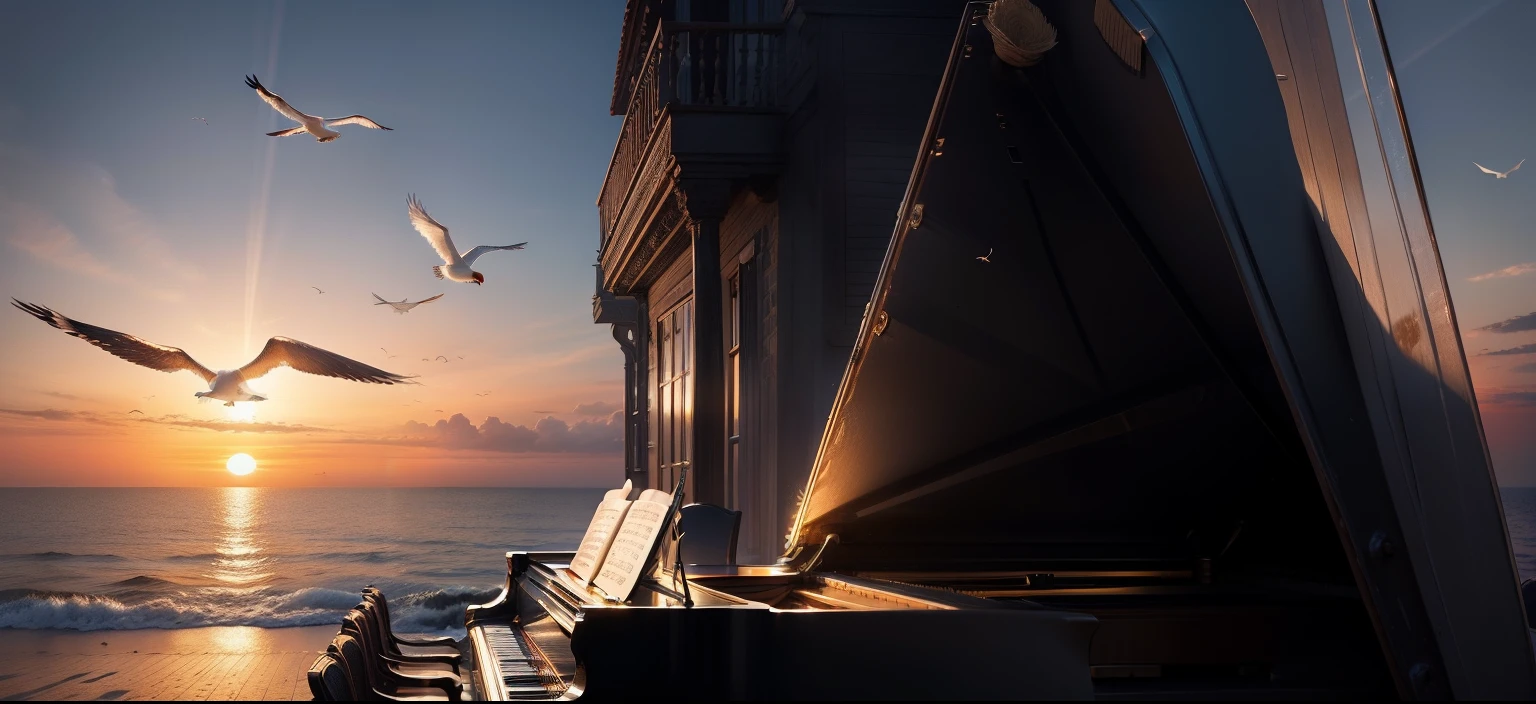 Play the piano by the sea,setting sun,Light shines on the surface of the sea,Seagulls flew by