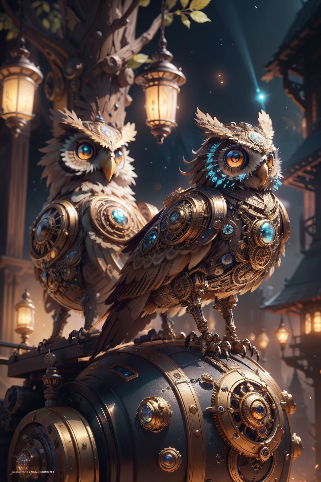 (masterpiece, high quality), concept art of a beautiful ornate mechanical steampunk owl, looking at viewer, anime owl, sitting on a tree branch, extremely detailed eyes, dark nebula bioluminescence sky, (3d style:0.5), bokeh, ultra realistic, sharp focus, intricate, sharp details, highly detailed, rich color, 8K
