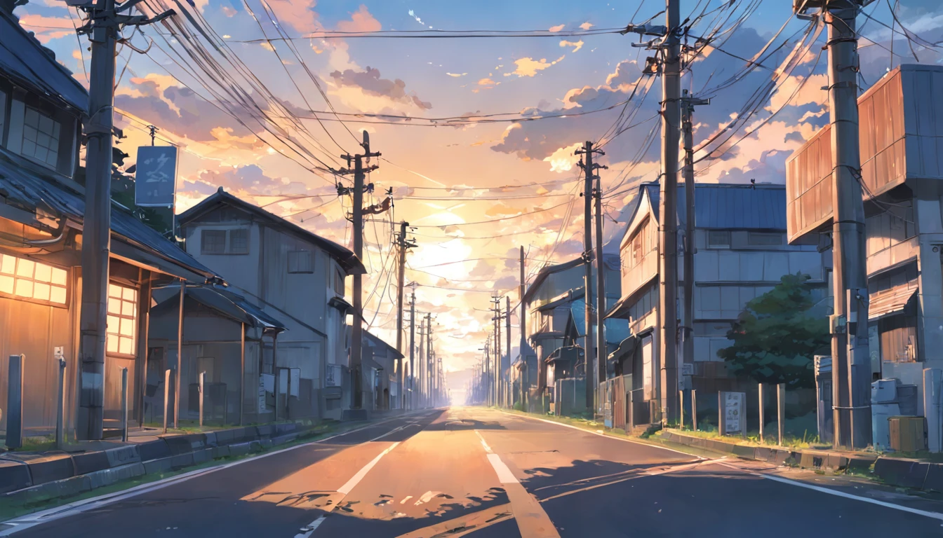 There is a painting of a road with wires and poles, anime countryside landscape, Anime background art, Anime landscape, Highly detailed illustration.”, anime style cityscape, Makoto Shinkai's style, anime backgrounds, Anime landscapes, in the style of makoto shinkai, drawn in anime painter studio, beautiful anime scenery, Anime landscape concept art, low details. Digital painting