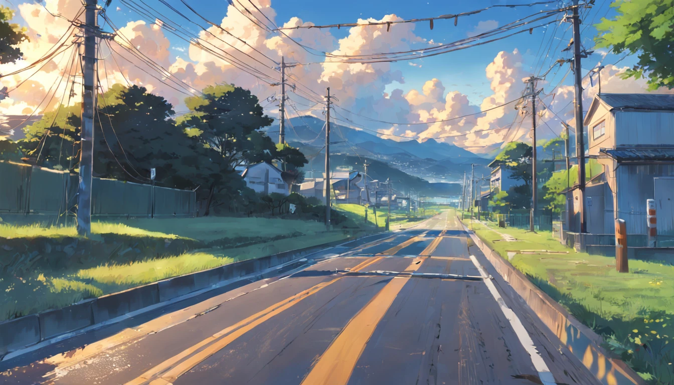There is a painting of a road with wires and poles, anime countryside landscape, Anime background art, Anime landscape, Highly detailed illustration.”, anime style cityscape, Makoto Shinkai's style, anime backgrounds, Anime landscapes, in the style of makoto shinkai, drawn in anime painter studio, beautiful anime scenery, Anime landscape concept art, low details. Digital painting