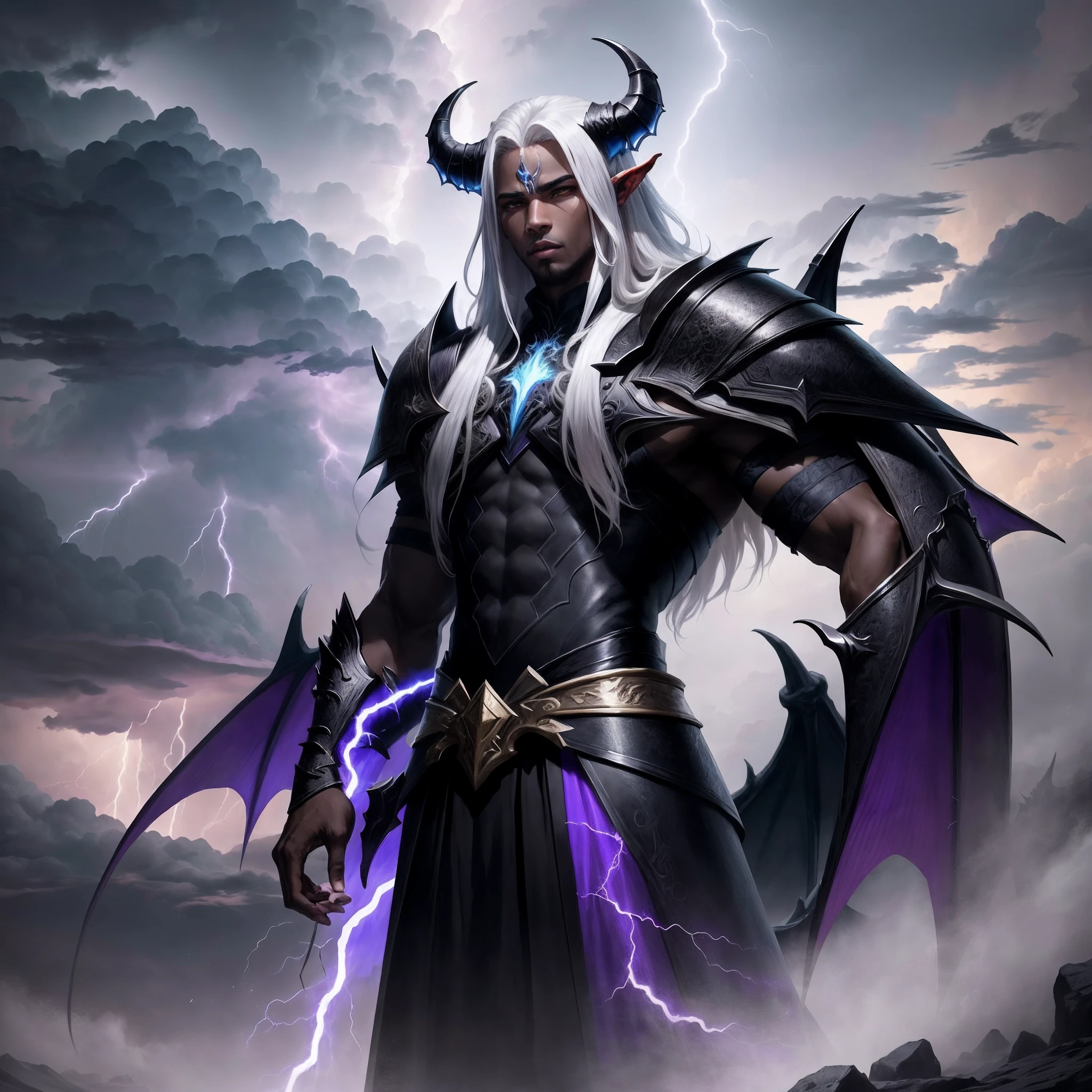 Lord of the Storm，Dressed in purple，Tall male image，White waist-length hair，Behind it are dark clouds of black oppression，It was mixed with several bright lightning bolts，The look was solemn，On top of the head there is a pair of extremely long black dragon horns，Eyes shining white