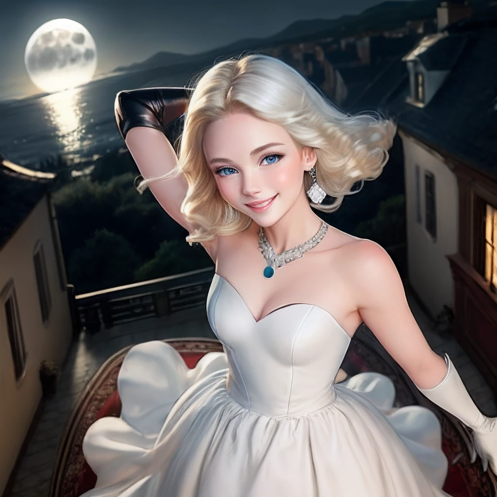blond, white dress, blue eyes, silver jewelry, gloves, shoot from above, smile, moonlight
