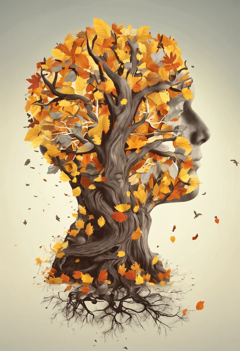 Generate a textual description for an image representing the 'September Yellow' campaign in the field of psychology. The image features a tree transitioning from summer to autumn, with leaves in various shades of yellow and orange forming an abstract representation of a human brain. The brain is intricately intertwined with the tree's branches and roots, symbolizing the connection between the mind and nature. Surrounding the tree are yellow ribbons, signifying mental health awareness, and small yellow butterflies flying around, representing transformation and renewal. Below the image, there's a caption that reads: 'September Yellow: Caring for the Mind, Transforming Lives.