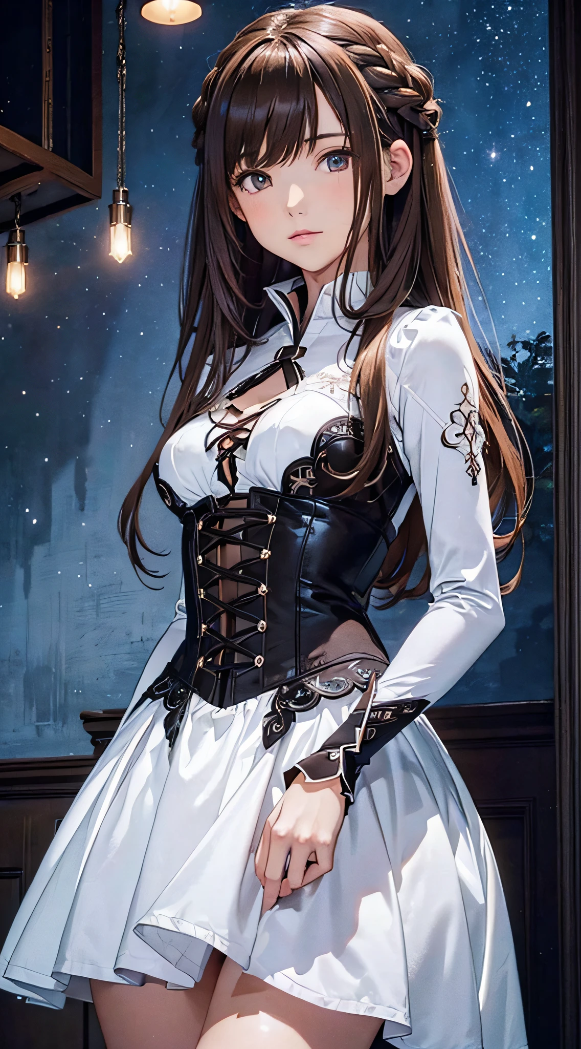 (1girl:1.3), cinematic light, solo, breasts, Lace-Up Bodice Dress, silky long hair, (brown) hair, (masterpiece, top quality, best quality, official art, beautiful and aesthetic:1.3), extreme detailed,highest detailed,(ultra-detailed),((an extremely delicate and beautiful)),starry sky,from below