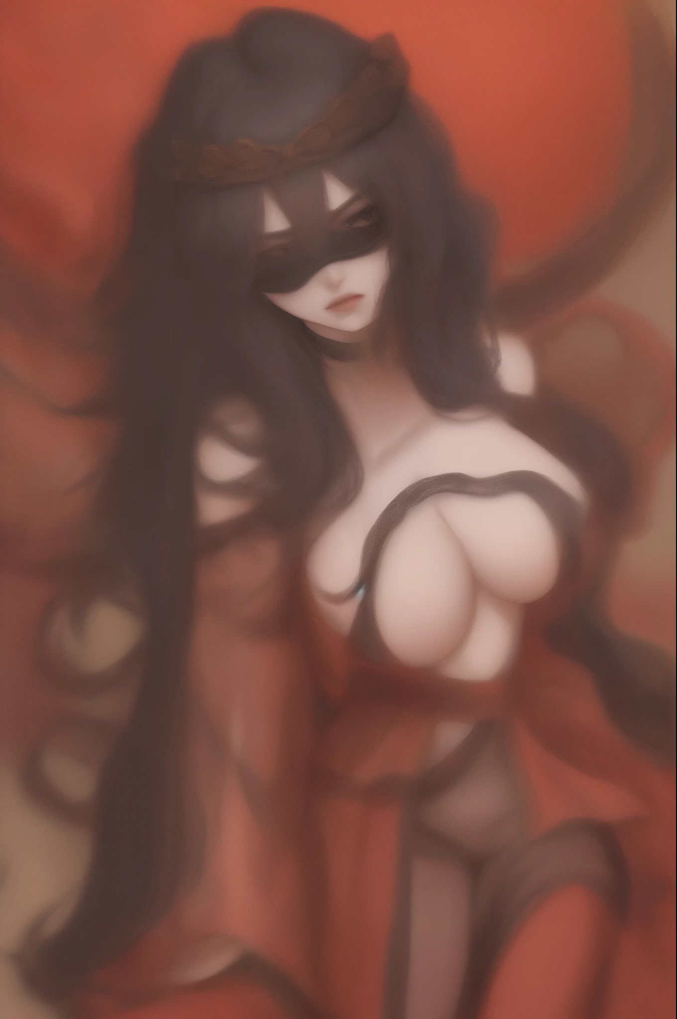 black hair, black dress, goddess, black eyes, serious, big bust, wavy hair, red ornaments, nsfw, thighs, mythology, blindfolded