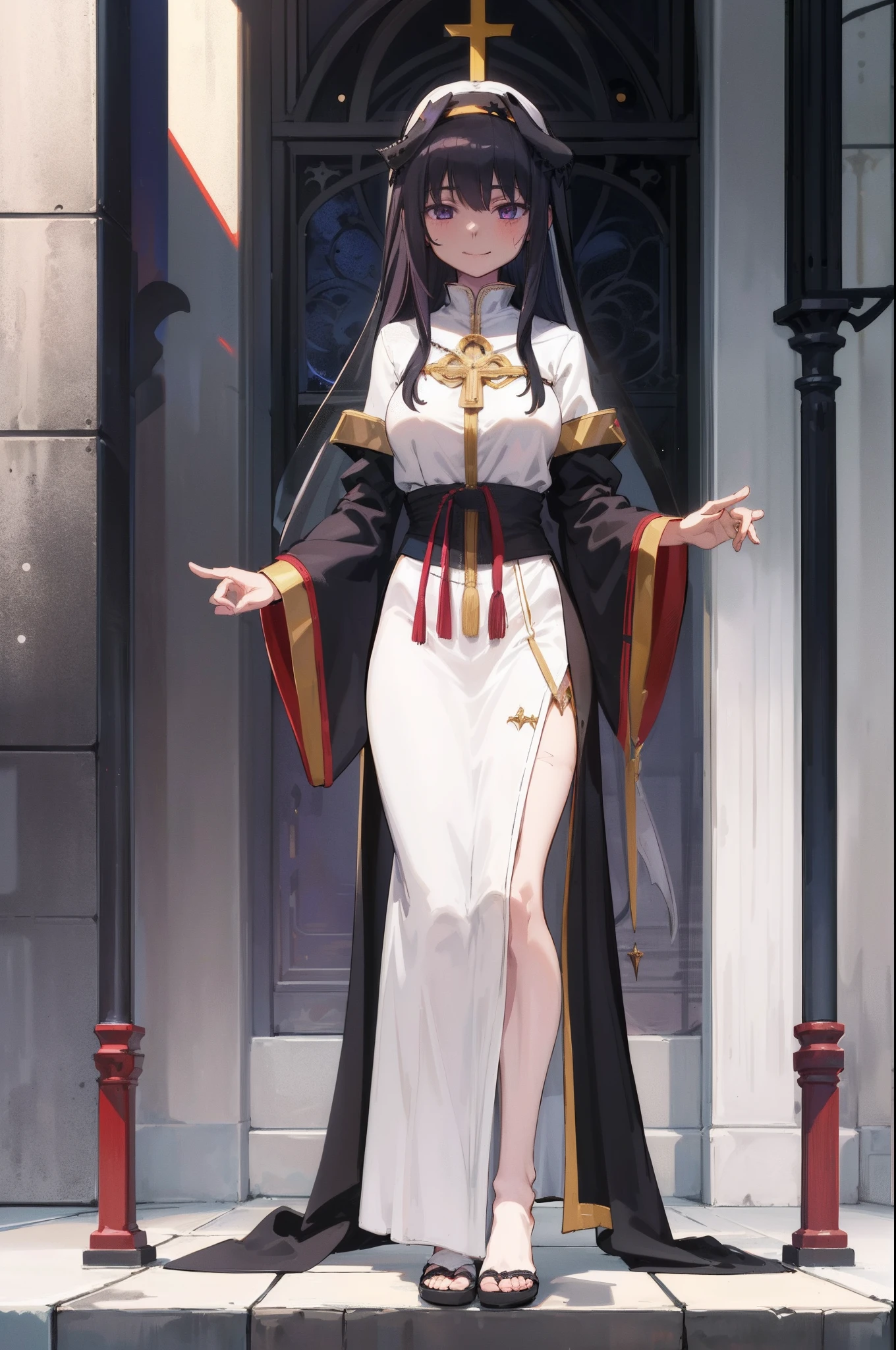 extremely detailed,1girl, solo, homuramagica, long hair, pantyhose,, long dress, priestess, blackcloths, black veils, gothic, long skirt, black robe, religious, standing, full body, medium breast, mature woman, tallgirl, standing,smile, church, purple eyes