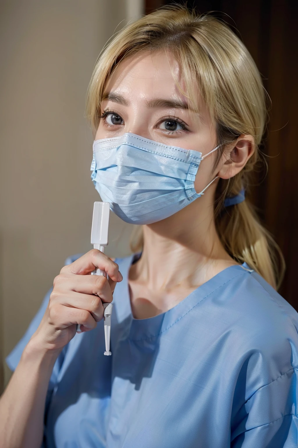Woman in light blue shirt、surgical mask、holding tweezers, surgeon, holding syringe,Laughing Nurse Girl, Rostlan 8K, healthcare worker, surgicalIV, 8K selfie photo, Nurse, surgical mask covering mouth, hyper realstic, (doctor)、((blondehair))、Highly detailed facial and skin texture、A detailed eye、二重まぶた、((top-quality、8k、masterpiece:1.3))