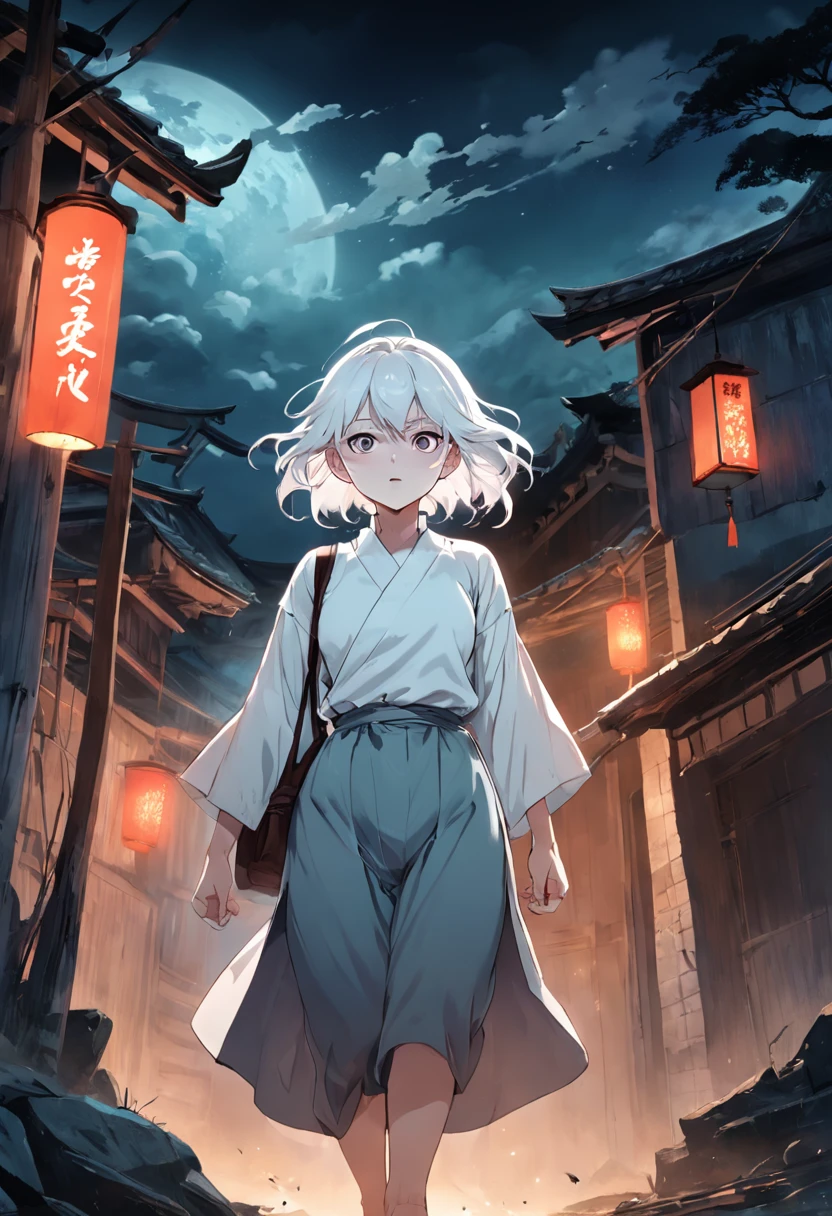 A rural woman in a white shirt，The face is full of wrinkles，white haired Cangcang，Doubts shocked，Walking into the broken house with a bag at night，mystical aura, surreal atmosphere,（Chinese folk suspense, terroral, Supernatural comic book style）， hyper qualit，hyper HD，4K