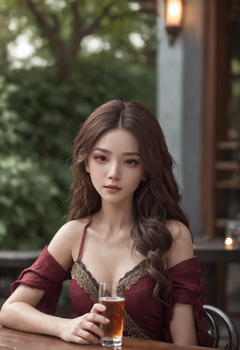 a woman sitting at a table with a glass of wine, a detailed drawing, cgsociety, long curly hair intricate, cinematic | | very anime, discord pfp,asian features, very pretty model, (comfycore:1.2), poofy, woman very tired, rich red, mulan, bar,(realistic fashion),eye glimmer,(leaning on table),(outside),(outdoor bar),(high volume hair),(wavy hair),(curly hair),(intricately colored eyes:1.1),((intricately detailed eyes)),ultra detailed, masterpiece, detailed eye, big bright eyes,(Masterpiece:1.2), best quality, (illustration:1.2), (ultra-detailed),Eye focus,(Masterfully crafted Glow:1.2), (Cinematic background), hyper details,(delicate detailed), (intricate details), octane render, hdr, (hyperdetailed:1.15), (((colourful))),(soft light:1.2