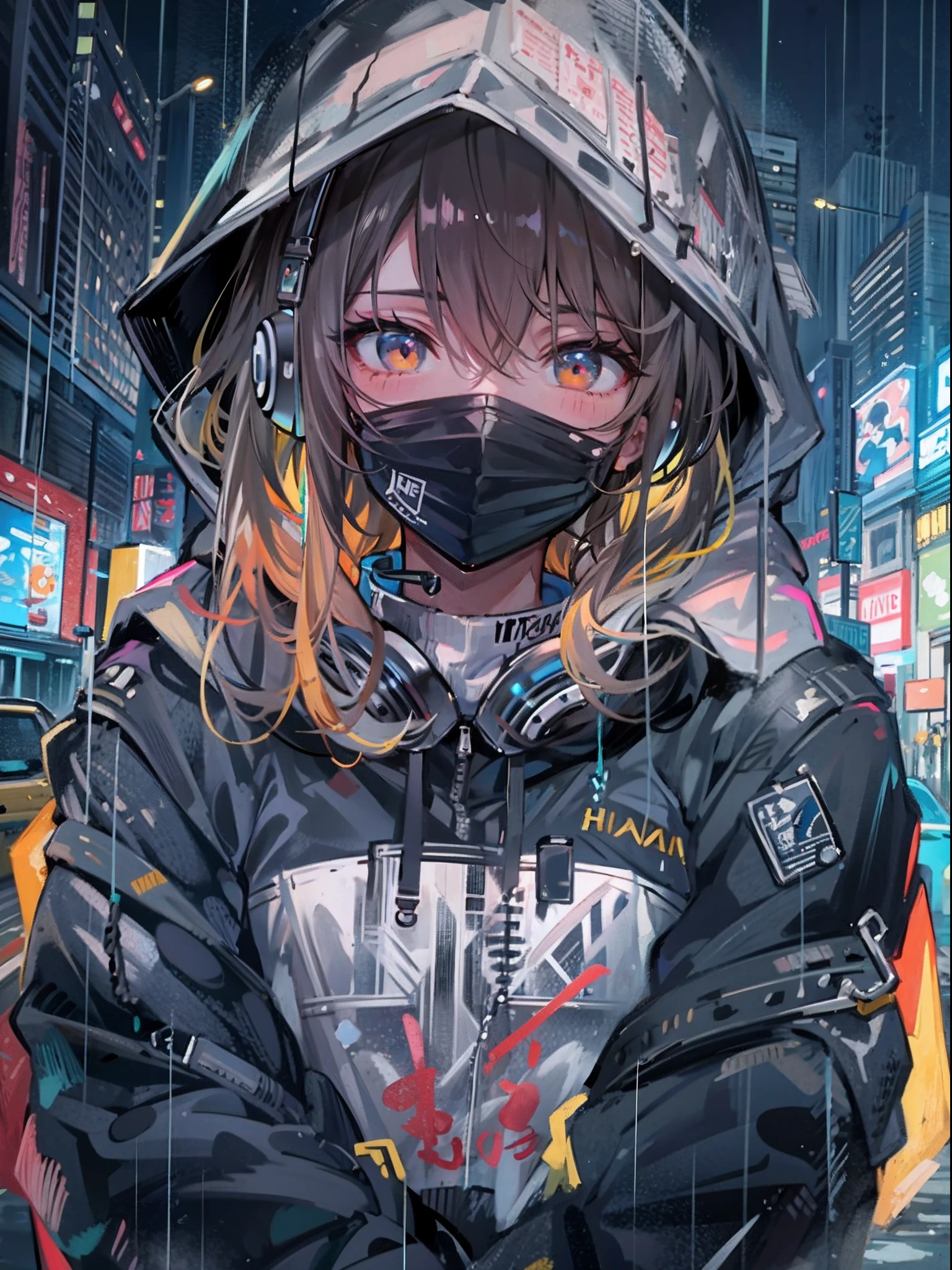 masterpiece, girl alone, solo, incredibly absurd, hoodie, headphones, street, outdoor, rain, neon,