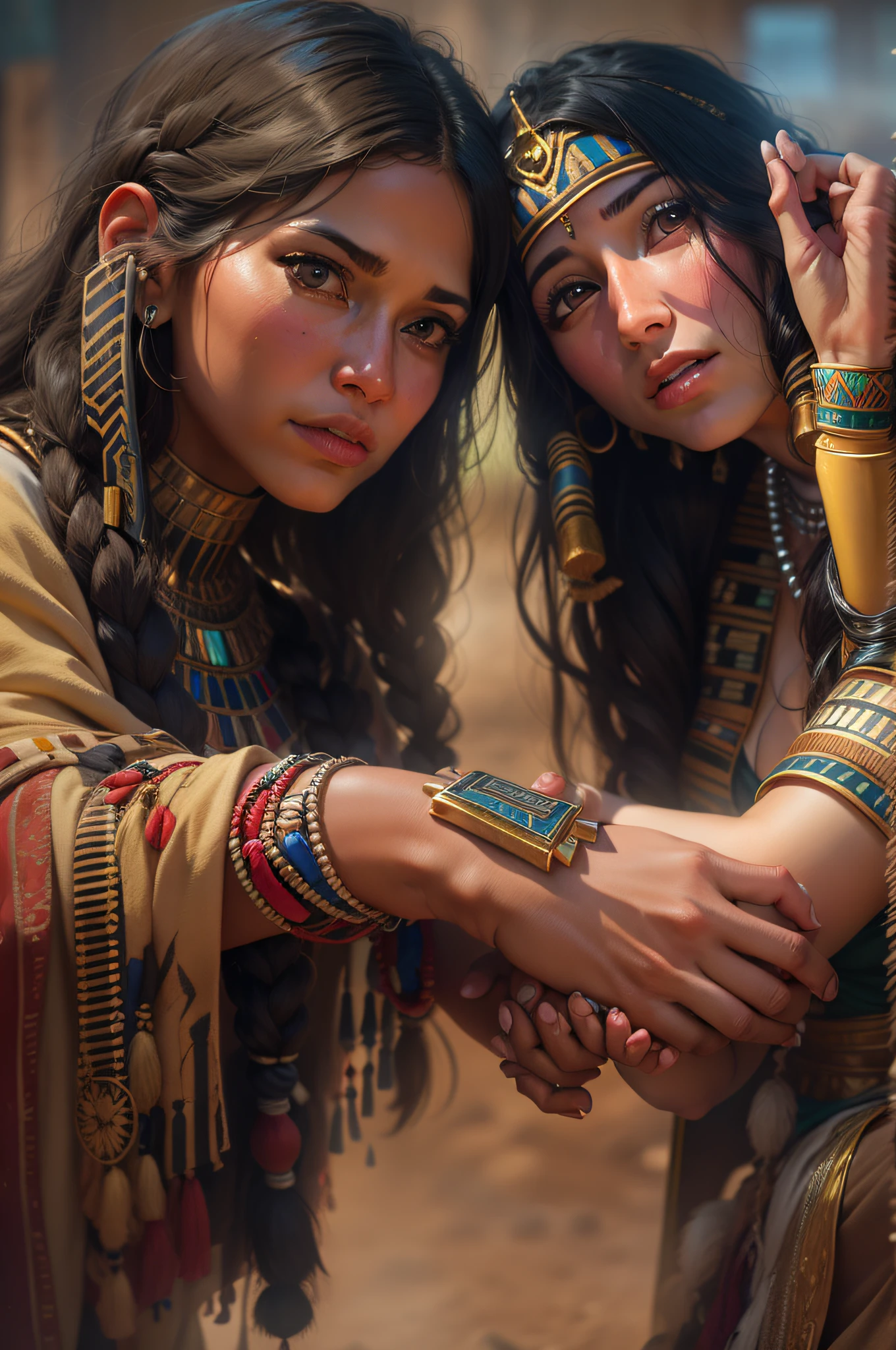 Native American woman holding the hand of her girlfriend. HD photography, ultra-realistic, King Tut, 4k, hyper-realistic, sharp texture, color
