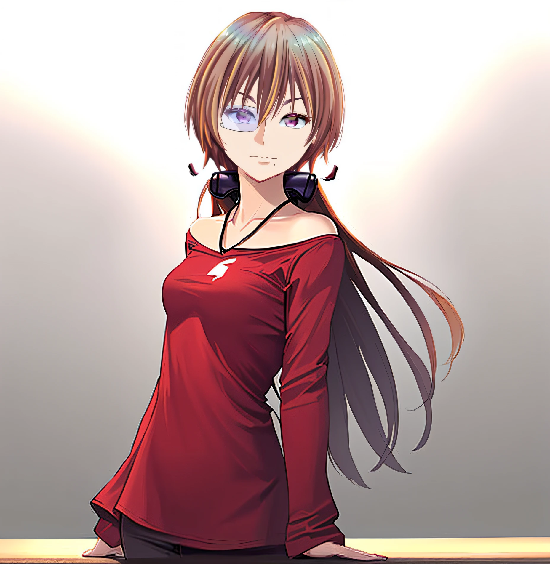 (((masterpiece))), (((best quality))), ((ultra-detailed)), (highly detailed CG illustration), ((an extremely delicate and beautiful)),((Dark wine-red t-shirt:1.5)), ((plain t-shirt:1.3)),(long sleeves:1.5),(Casual T-shirt),(From a slight side angle), (The side of one arm is visible),(very loose T-shirt), (plain t-shirt), ((upper body)),portrait of an anime girl, t-shirt,1girl, solo,brown hair, boyish girl,(dark burgundy eyes), looking at viewer,smiling,bad-girl,mature female, anime girl with long hair, ((medium breasts:1.3)), ((wearing headphones around her neck))