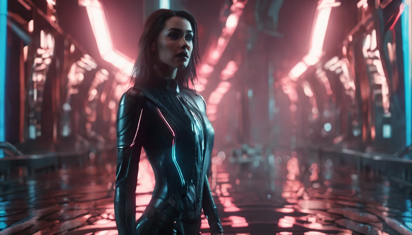 Dark Department，Handsome girl，mid - length hair，A close-up full-body photo，sci fi background，Enchanting seduction，3d