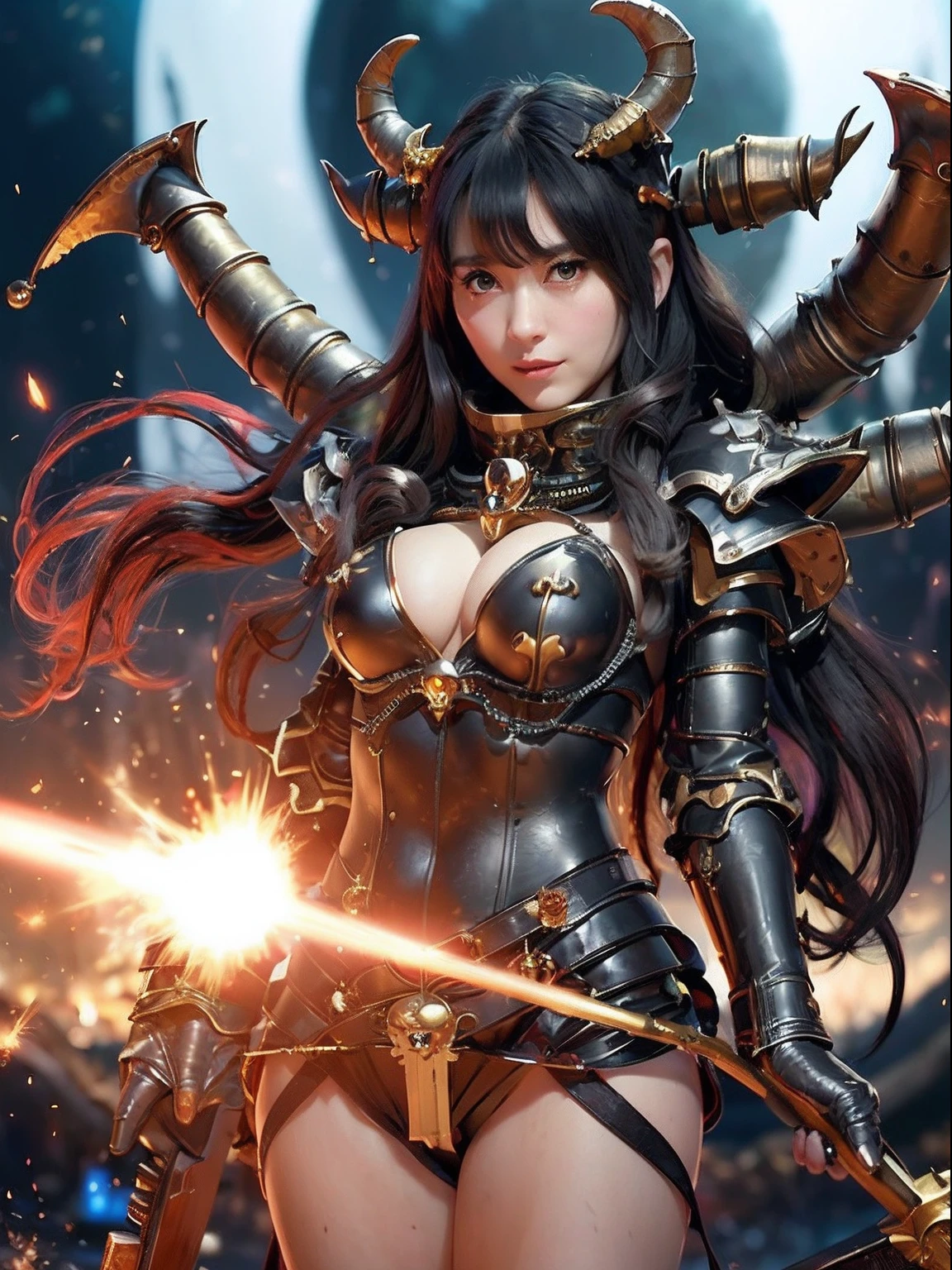 Professional , ​masterpiece、top-quality、photos realistic , depth of fields 、(A dark-haired) 、（Gemstone White Metal Body:1.4),(Matte Black、Jewel Gold Weapon、（maikurobikini）,Gorgeous metal weapons ,Particles of light、（Fight dragons）、（Black wings）、（（ Detailed and gorgeous sword of the brave）） ,Light Effects、intense fighting、Wind-effect、magic circles、 (A dark-haired)  ,Fight legions of soldiers in skeleton armor ,Detail and ornate jewel crown、With the legendary magic wand、Dragon's tail、explosions、（（maikurobikini））、（（Gangle's forest background））、Beautiful Caucasian beauty、１a person、dynamic ungle,(((Details of the two demon horns on the head)))、Smaller head、A smile、Background inside the castle、Thin and beautiful female hands、cleavage of the breast、Soldier in iron armor on background、Mystical expression、Light Effects、Wind-effect、With the legendary magic wand、（wingspan）、Toostock、Anatomically correct body、Battle Pose、