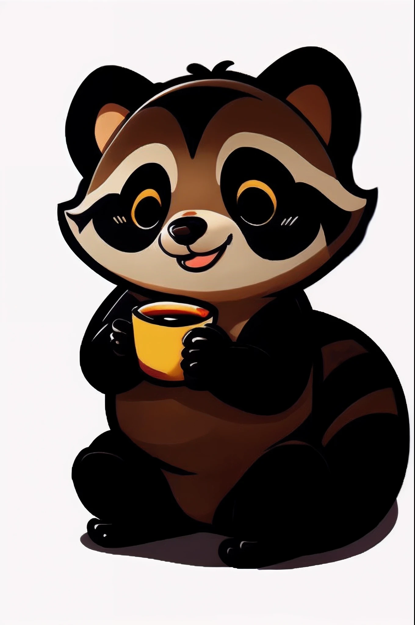 Cartoon raccoon holding coffee and looking at camera, 🐿🍸🍋, raccoon, Telegram sticker, lesser panda, anthropomorphic racoon, having a snack, cereal mascot, cute panda, panda panda panda, cutecore, cute character, avatar image, SFW version, Raccoon, Eating, cute detailed digital art, a panda