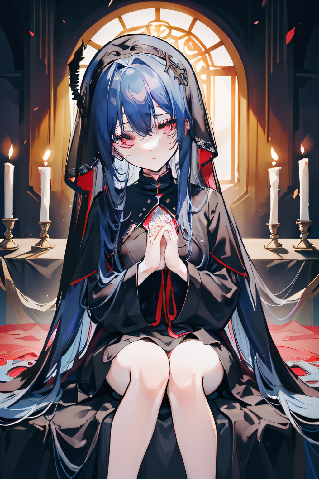 masterpiece, best quality, 1girl, long hair, (blue hair), very long hair, twintail, red eyes, round eyes, expressionless, ((black dress)), ((black veil)), ((sitting in front of the altar)), (((detail face))), ((praying with both hands together))