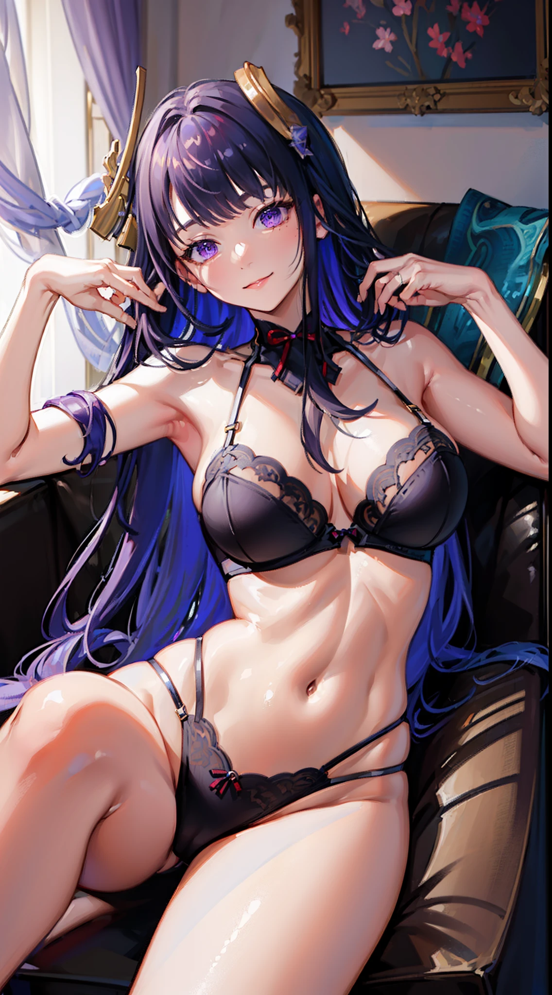(Raidendef:1.4), 8k, highres, ultra detailed, (masterpiece:1.4), best quality, Perfect symmetrical body, (luxurious lingerie:1.4), lying in a sensual pose on sofa, cute, solo, long braided hair, purple hair, purple eyes, glow effect, finely eye, wide smile, detailed face, looking at viewer, smilling at viewer, saloon, angled view, huge breasts, voluptous, Perfect fingers, Perfect body