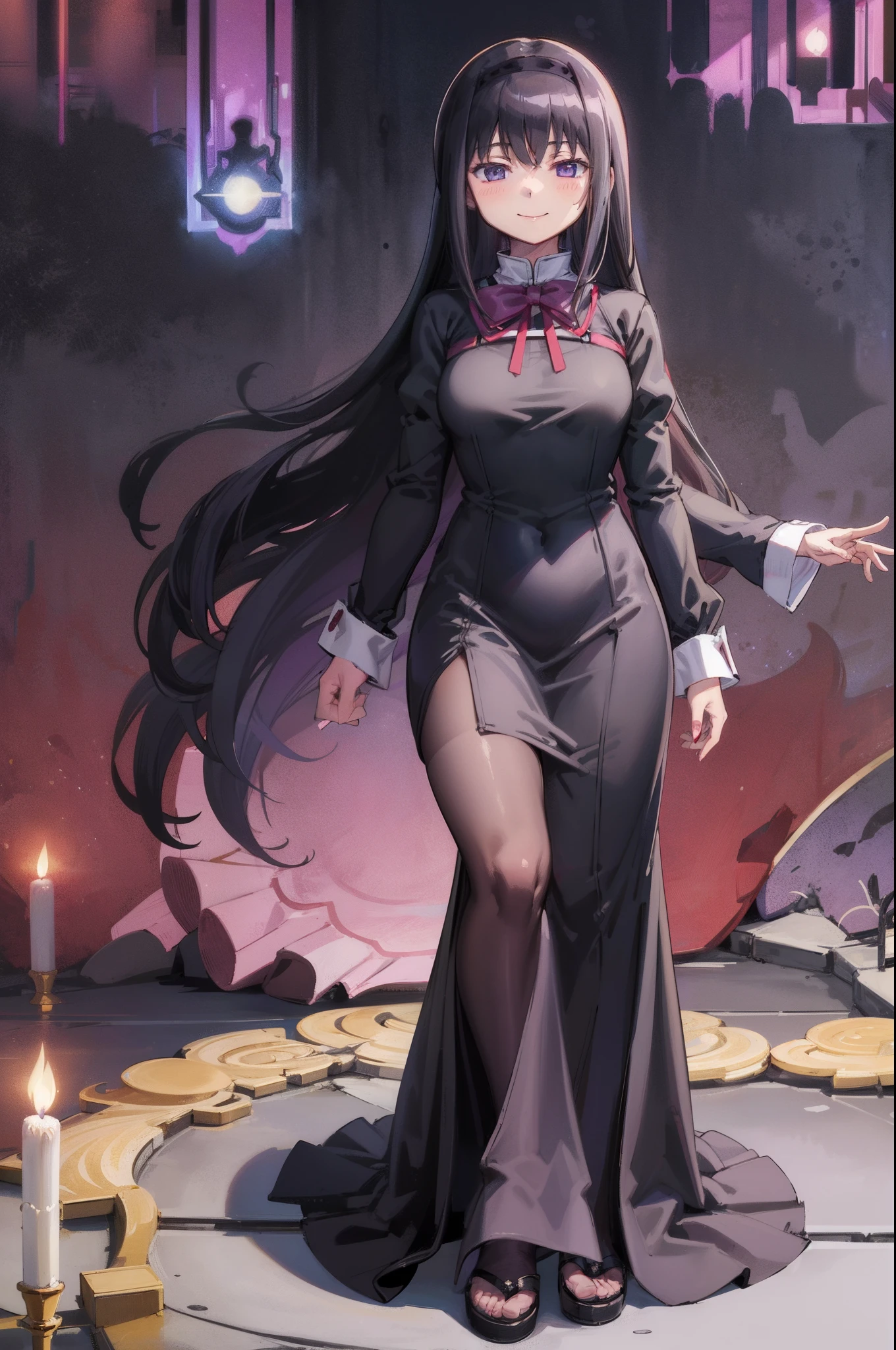 , (masterpiece:1.2), (best quality:1.15), extremely detailed,1girl, detailed,1girl, solo, homuramagica, long hair, pantyhose,, long dress, priestess, blackcloths, black veils, gothic, long skirt, black robe, religious, standing, full body, medium breast, mature woman, tallgirl, standing,smile,, purple eyes,homura