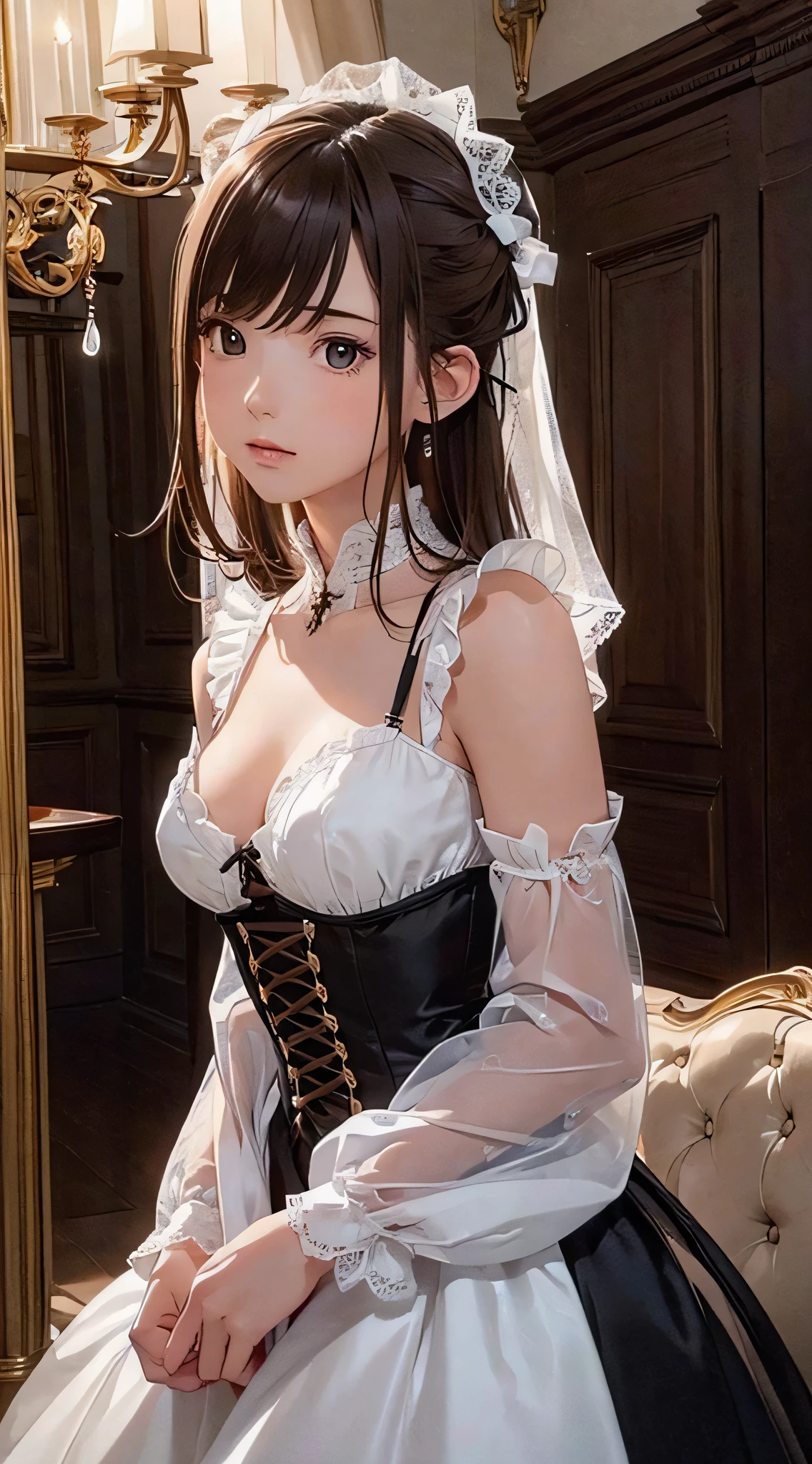 (1girl:1.3), cinematic light, solo, breasts, Lace-Up Bodice Dress,  silky long hair, (brown) hair, (masterpiece, top quality, best quality, official art, beautiful and aesthetic:1.3), extreme detailed,highest detailed,(ultra-detailed),((an extremely delicate and beautiful)),starry sky,from below