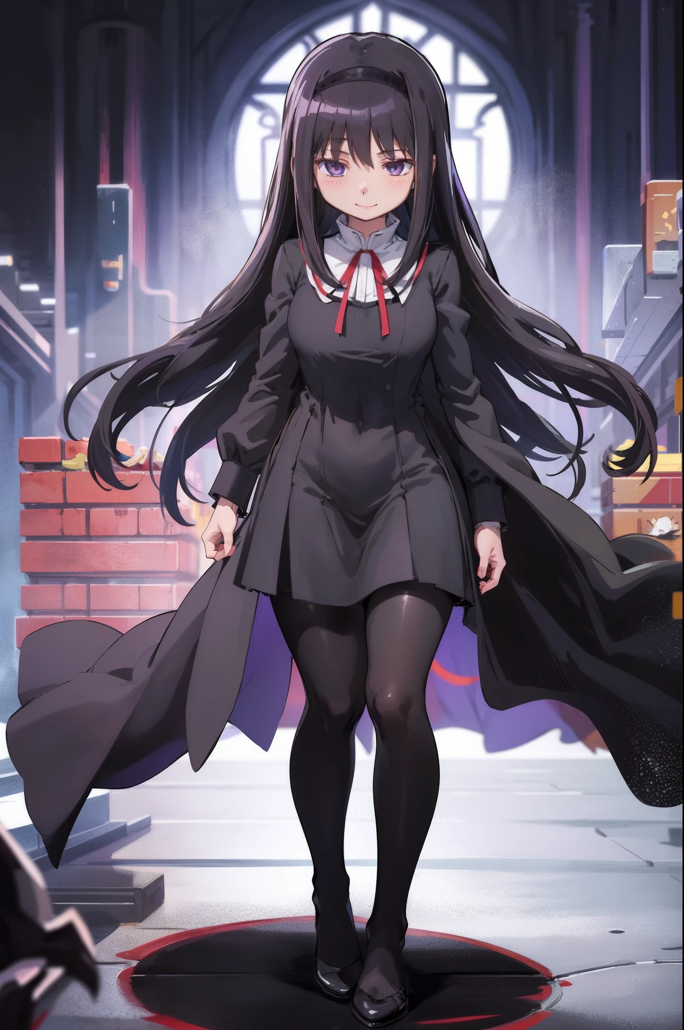 , (masterpiece:1.2), (best quality:1.15), extremely detailed,1girl, detailed,1girl, solo, homuramagica, long hair, pantyhose,, long dress, priestess, blackcloths, black veils, gothic, long skirt, black robe, religious, standing, full body, medium breast, mature woman, tallgirl, standing,smile,, purple eyes,homura