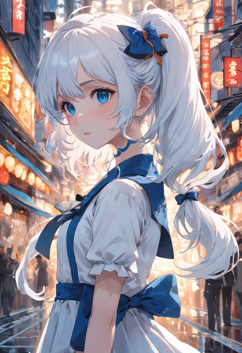 White color hair，Double ponytail curls，blue color eyes，White Lolita，Beth，A bustling city street