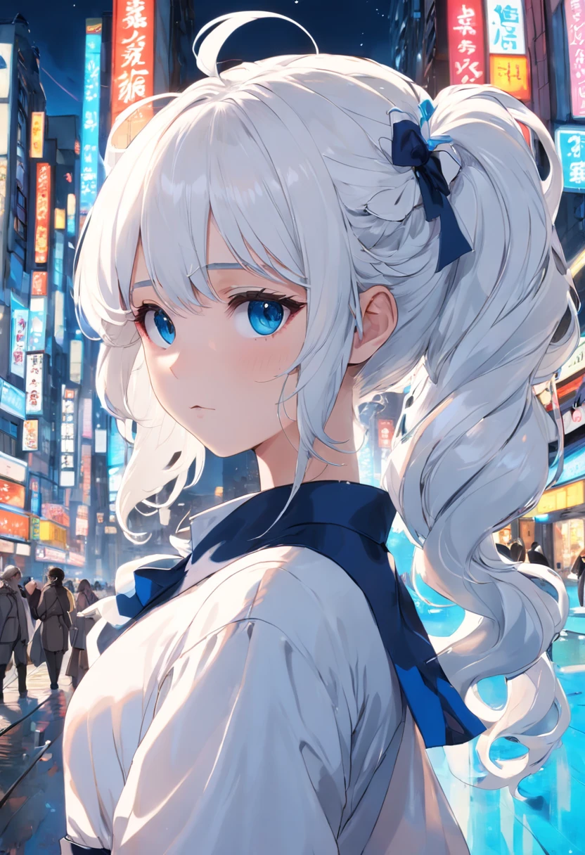 White color hair，Double ponytail curls，blue color eyes，White Lolita，Beth，A bustling city street