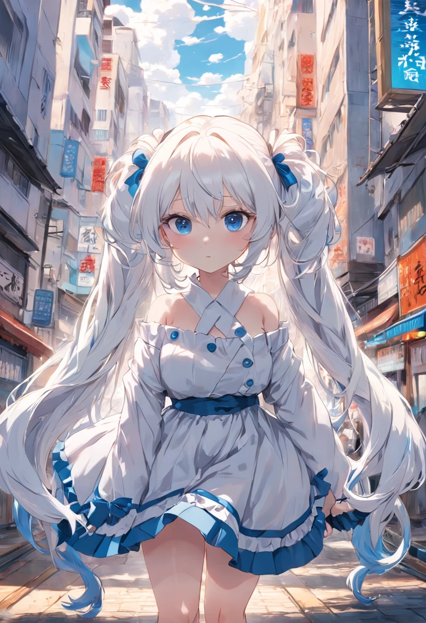 White color hair,Double ponytail curls,blue color eyes,White Lolita,Beth,A bustling city street