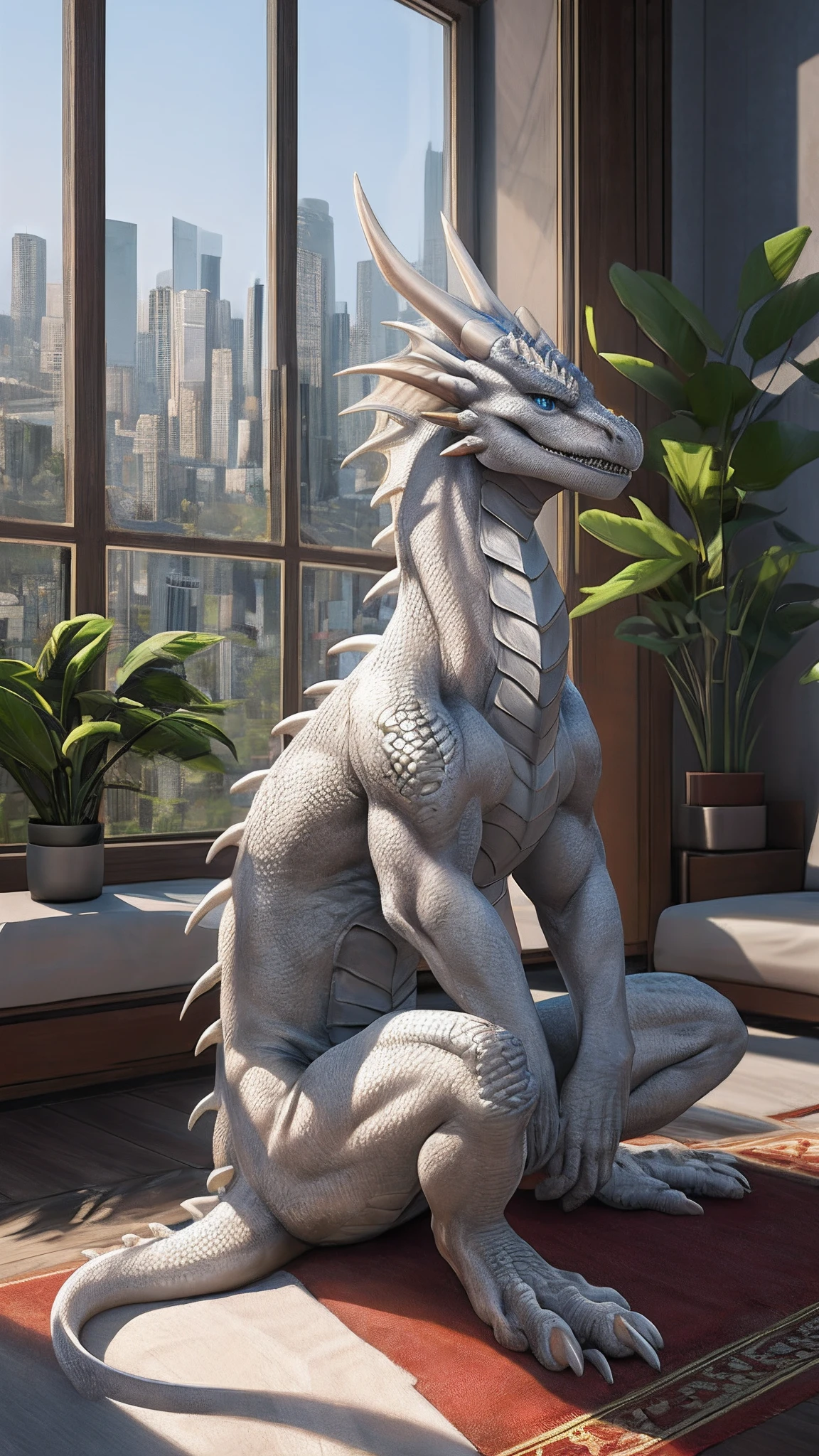 Bionic  dragon，White Dragon，White Hanfu，anthor，Sitting by the window of the apartment，Keep your feet up，HD graphics，Detailed and realistic，high detal，high qulity，photo-realistic，photorealistic eye，Detailed paws，Clear eyes，Masterpiece artwork，Five-fingered hands，top-quality，32k，hyper HD