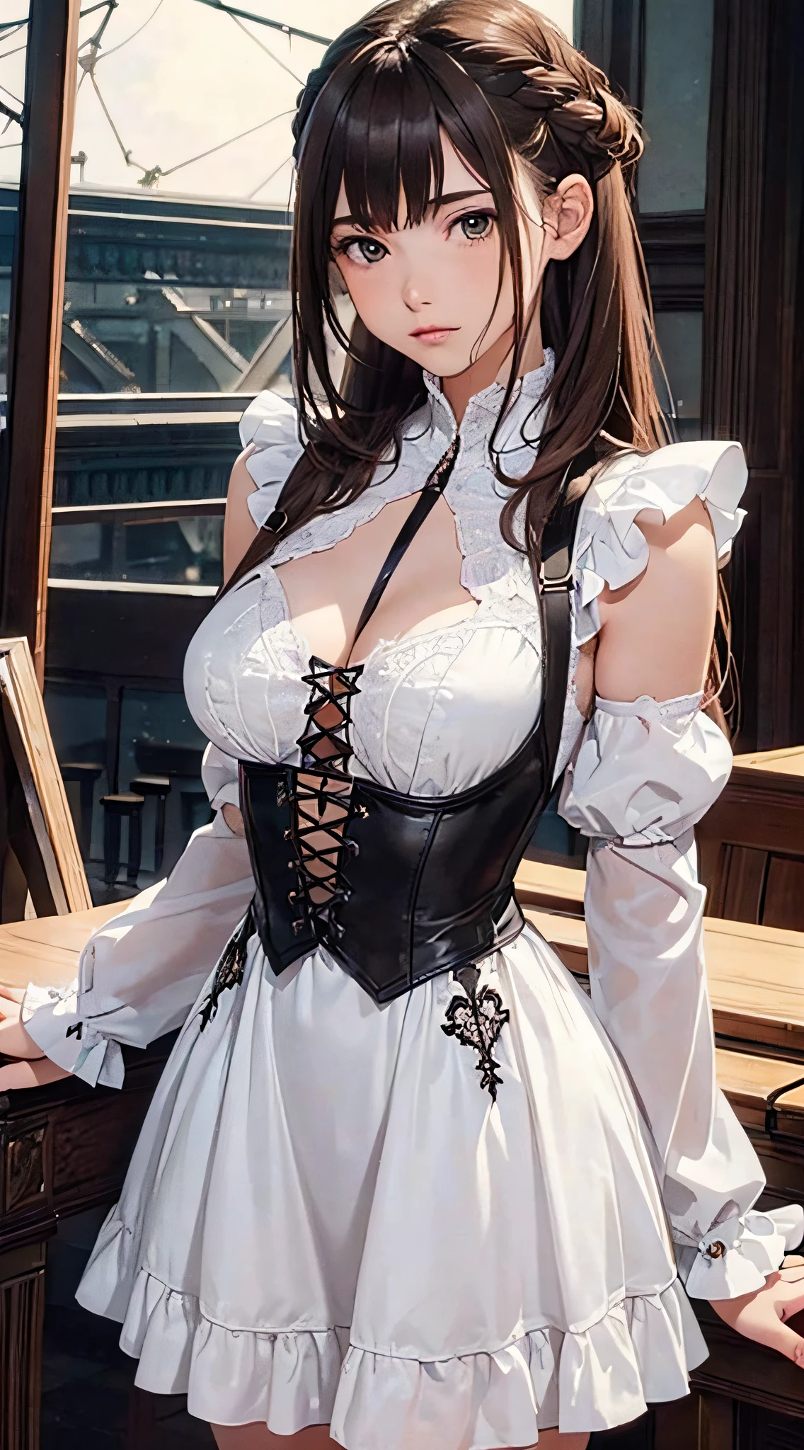 (1girl:1.3), cinematic light, solo, breasts, Lace-Up Bodice Dress, open breast, silky long hair, (brown) hair, (masterpiece, top quality, best quality, official art, beautiful and aesthetic:1.3), extreme detailed,highest detailed,(ultra-detailed),((an extremely delicate and beautiful)),starry sky,from below