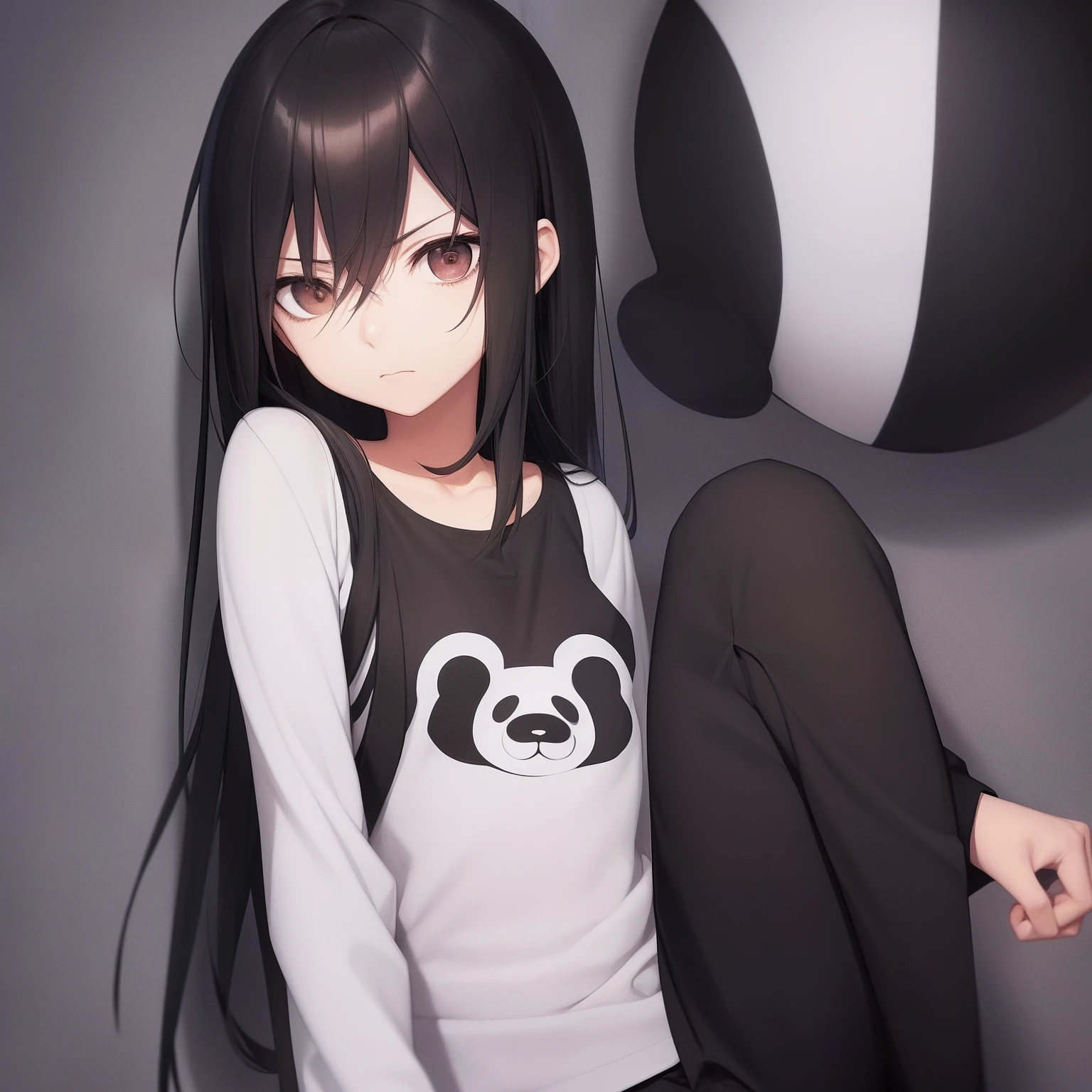 loli, super skinny, super skinny body, black hair, dark circles under eyes, brown eyes, bored expression, panda bear shirt, black and white cargo pants, ((high resolution)), ((high quality)), tired expression , anemia, depression