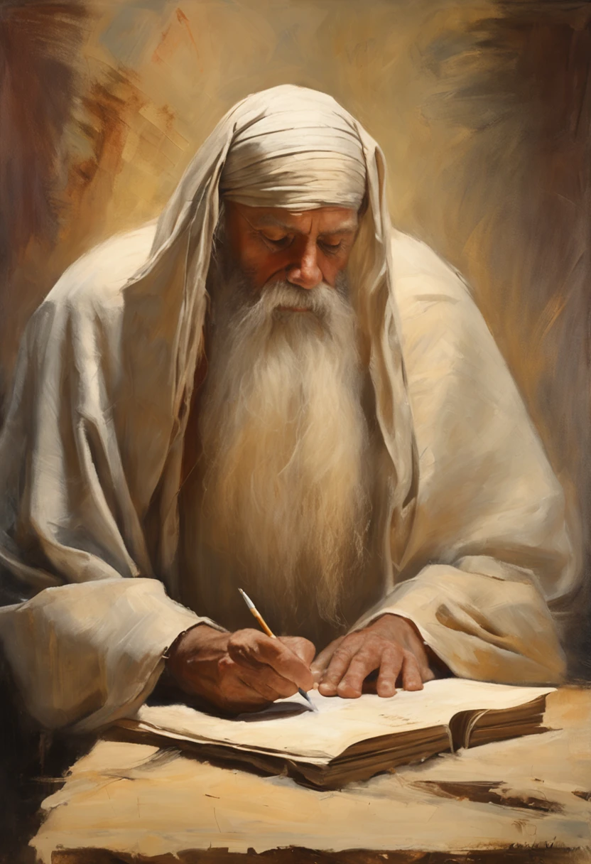 An old man, long white hair, long white beard, writing a papyrus, writing with a feather, is inside a tent, farthest view of the tent, candlelight, hyper realistic, photography effect, 8k, super detailed, biblical, Hebrew descendant. --auto --s2