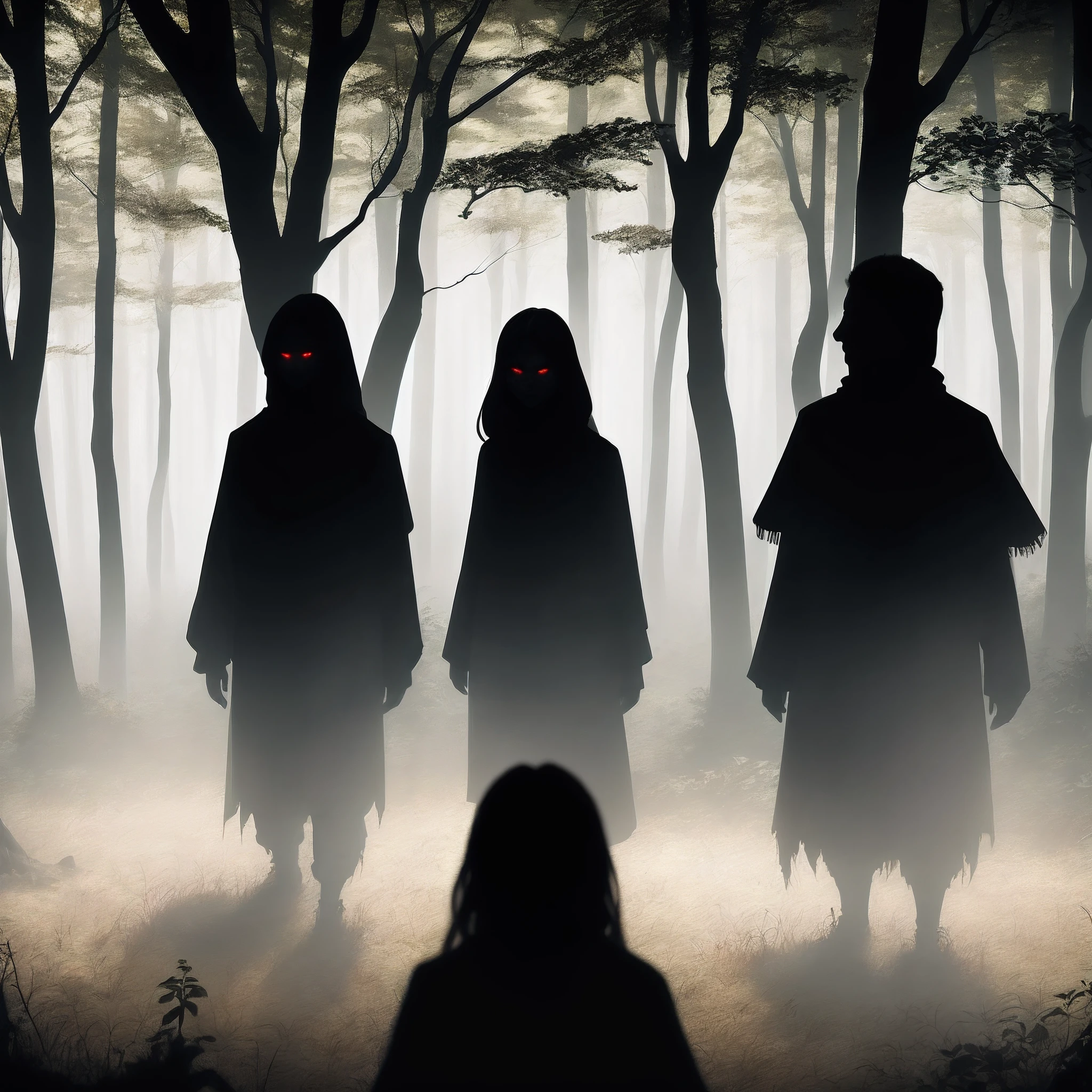Dark Forest Background: Use a backdrop of the dense, eerie forest at night with misty, moonlit surroundings. This sets the eerie and mysterious tone.

Sinister Silhouette: Place a silhouette of the Khooni Yakshini emerging from the shadows, her crimson eyes glowing menacingly. Make sure to emphasize her sinister appearance.

Group of Characters: Include silhouettes or images of the group of curious youngsters, highlighting their expressions of fear and uncertainty as they venture into the forest.