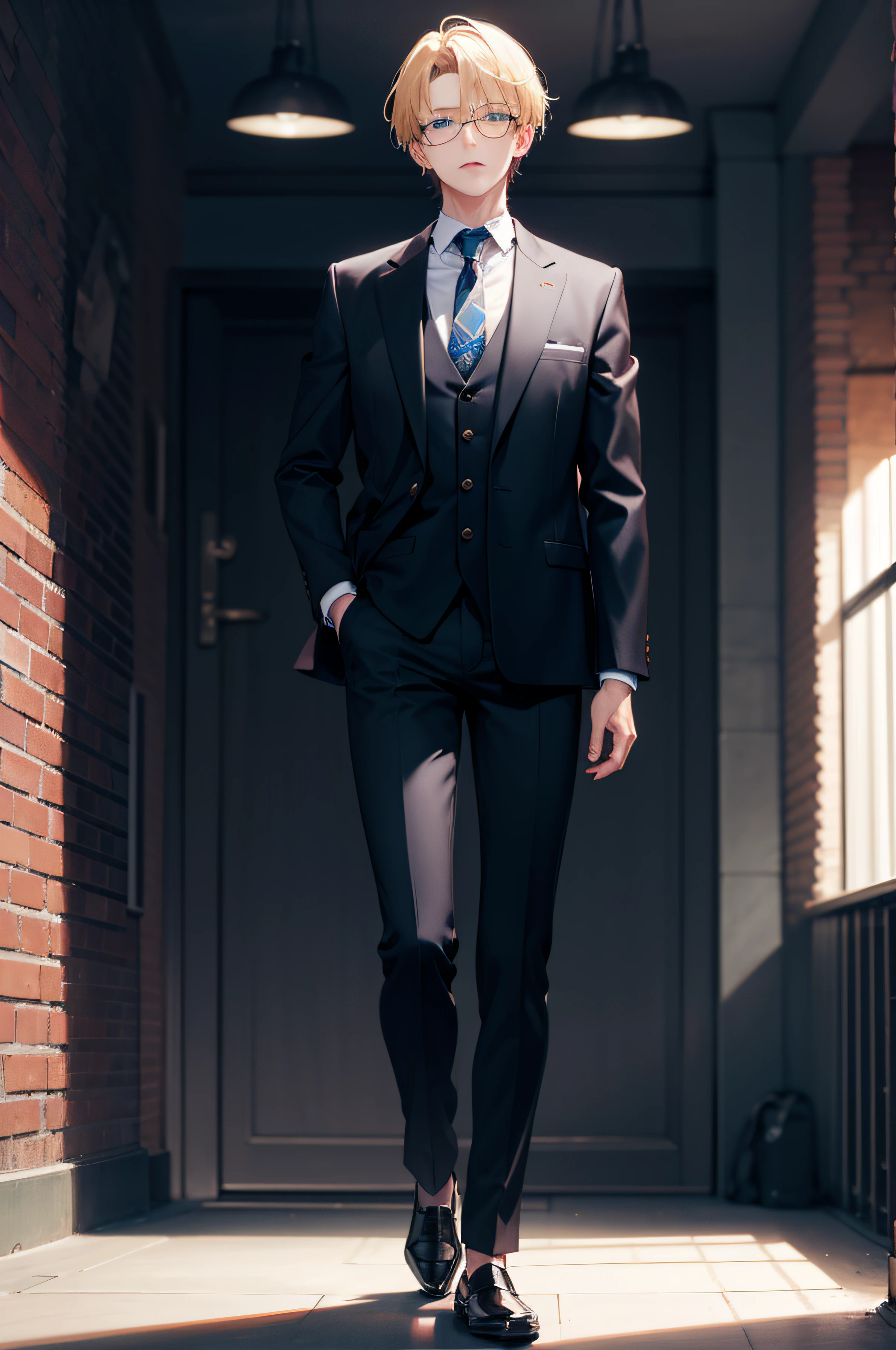 Blonde man in black suit、Beautiful light blue eyes、Beautiful light blue eyes、A detailed eye、eye glasses、Bery short hair、Tsurime、full body seen、Standing picture、独奏、Anime style