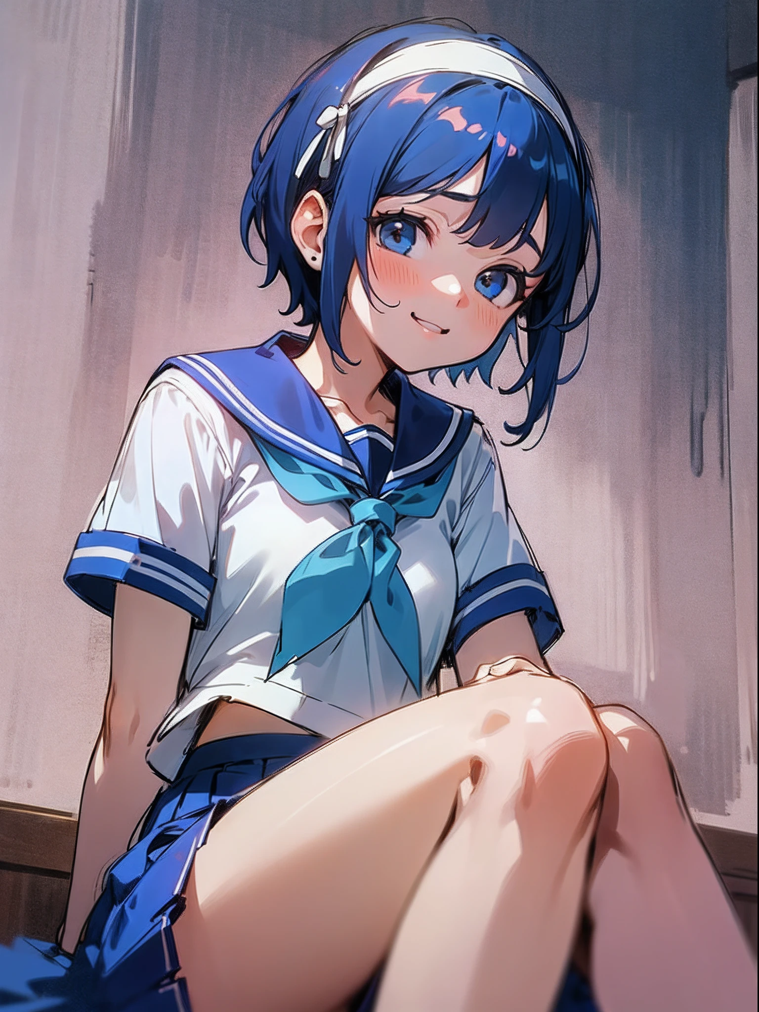 girl with、Hair short like a boy、looking at the viewers、Sailor Uniform School Uniform、sitting on、cowboy  shot、A smile、a blue skirt、in a house、(top-quality、​masterpiece、Hyper-Realism)、Beautiful and delicate portrait of a girl with a soft and peaceful expression、Dark blue hair、white hairband