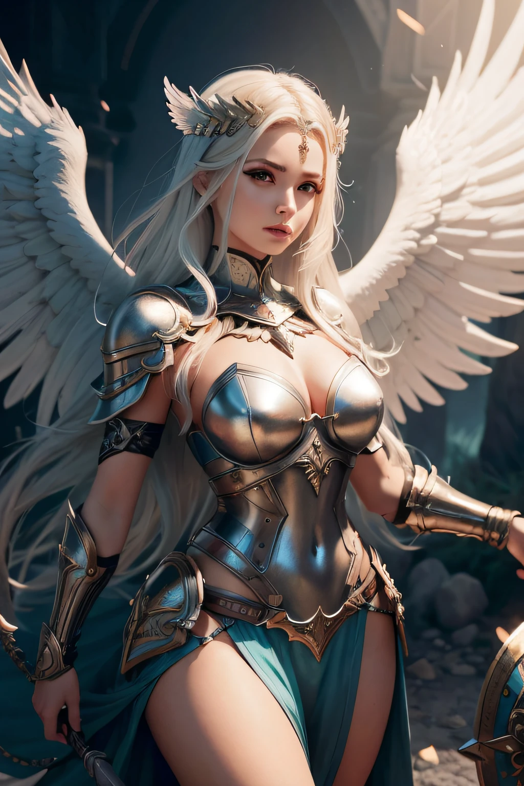 uma mulher com cabelos brancos e asas segurando uma espada, menina do cavaleiro do anjo, angel in plastic armor, 2. 5 d cgi anime fantasia arte, as a mystical valkyrie, angel knight gothic girl, mystical valkyrie, menina bonita do anjo do ciborgue, arte de fantasia detalhada, Artgerm extremamente detalhado, Arte de fantasia 4k, Artgerm ; motor 3d unreal, fanart melhor artstation