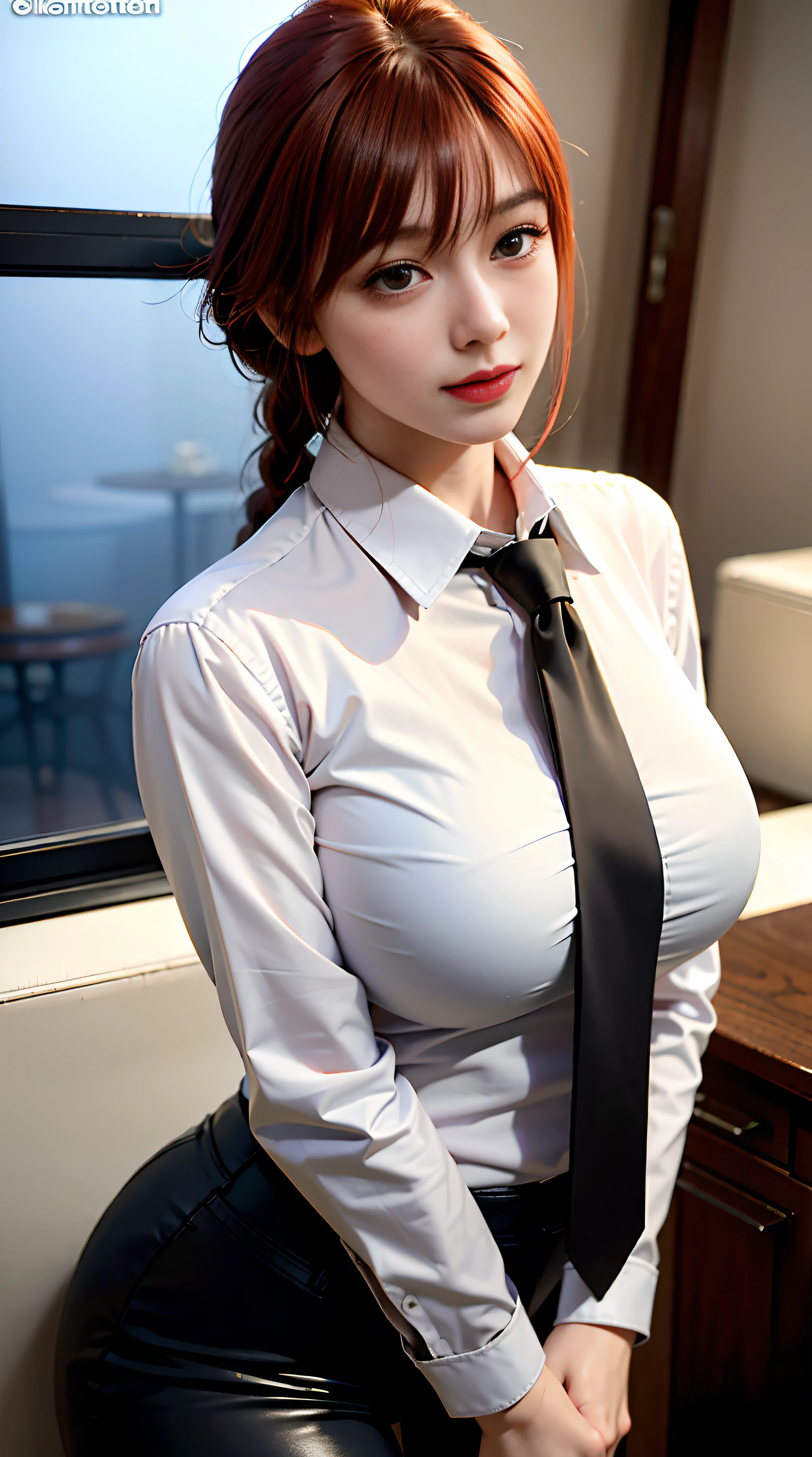 Detailed shiny skin, (Realistic, photo-realistic:1.4), (big round breasts:1.5), A pretty girl, standing, looks out the window, White shirt, Collared shirt, black necktie, Black trousers, Long sleeves, Slight smile (nose blush), Yellow eyes + ringed eyes, Short hair + Red hair + long braided hair, makima \(Chainsaw man\),fully body photo