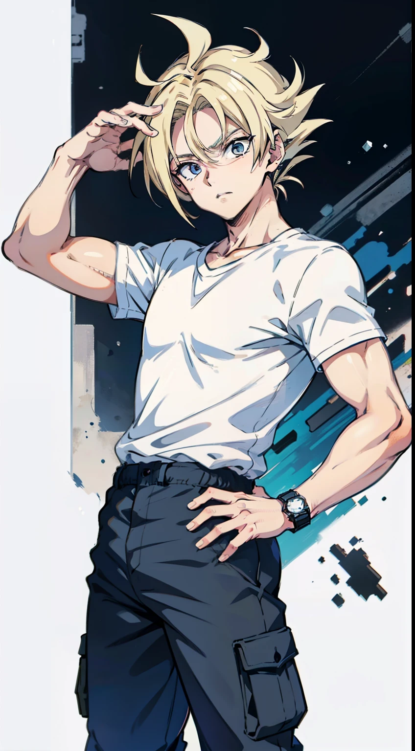 ((1garoto)) jovem, menino, masculino, blonde hair, olhos azuis, white t-shir, gray cargo pants, portanto, o smartwatch, gray cargo pants, sapatos esportivos brancos, desenho, anime, ((master part)) 4k, ((Estilo anime)) ((arte conceitual)) corpo inteiro, Standing, Super Saiyajin, Goku, sangue, batalha danificada