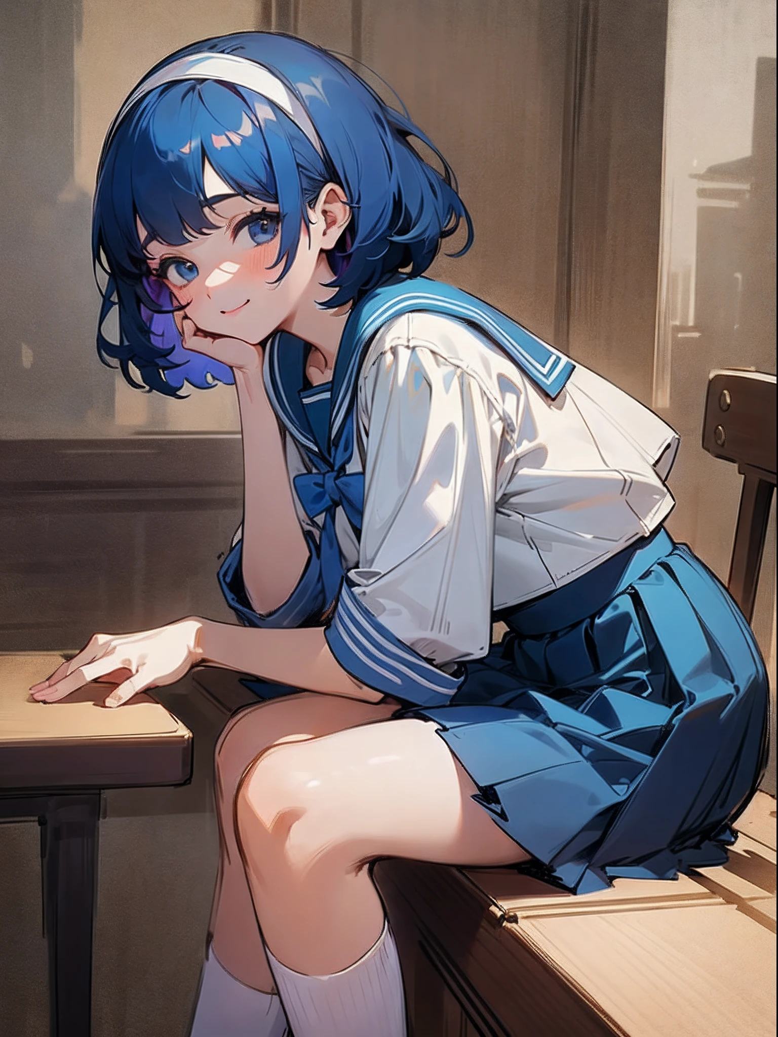girl with、Hair short like a boy、looking at the viewers、Sailor Uniform Student Uniform、sitting on、cowboy  shot、A smile、a blue skirt、in a house、(top-quality、​masterpiece、Hyper-Realism)、Beautiful and delicate portrait of a girl with a soft and peaceful expression、Dark blue hair、white hairband