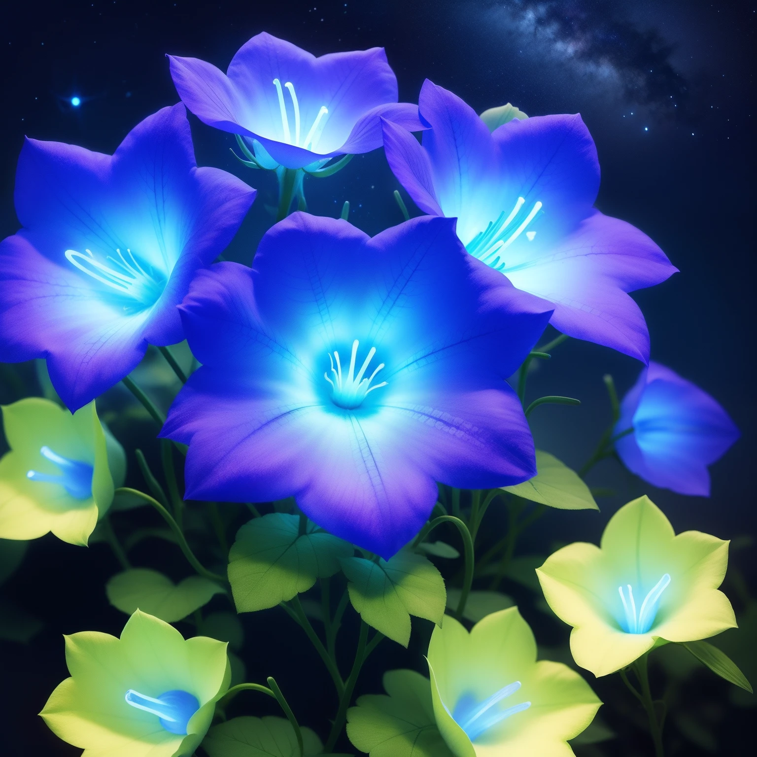 bioluminescence, flowers, night, sky, beautiful flowers, flower, ((bellfower))