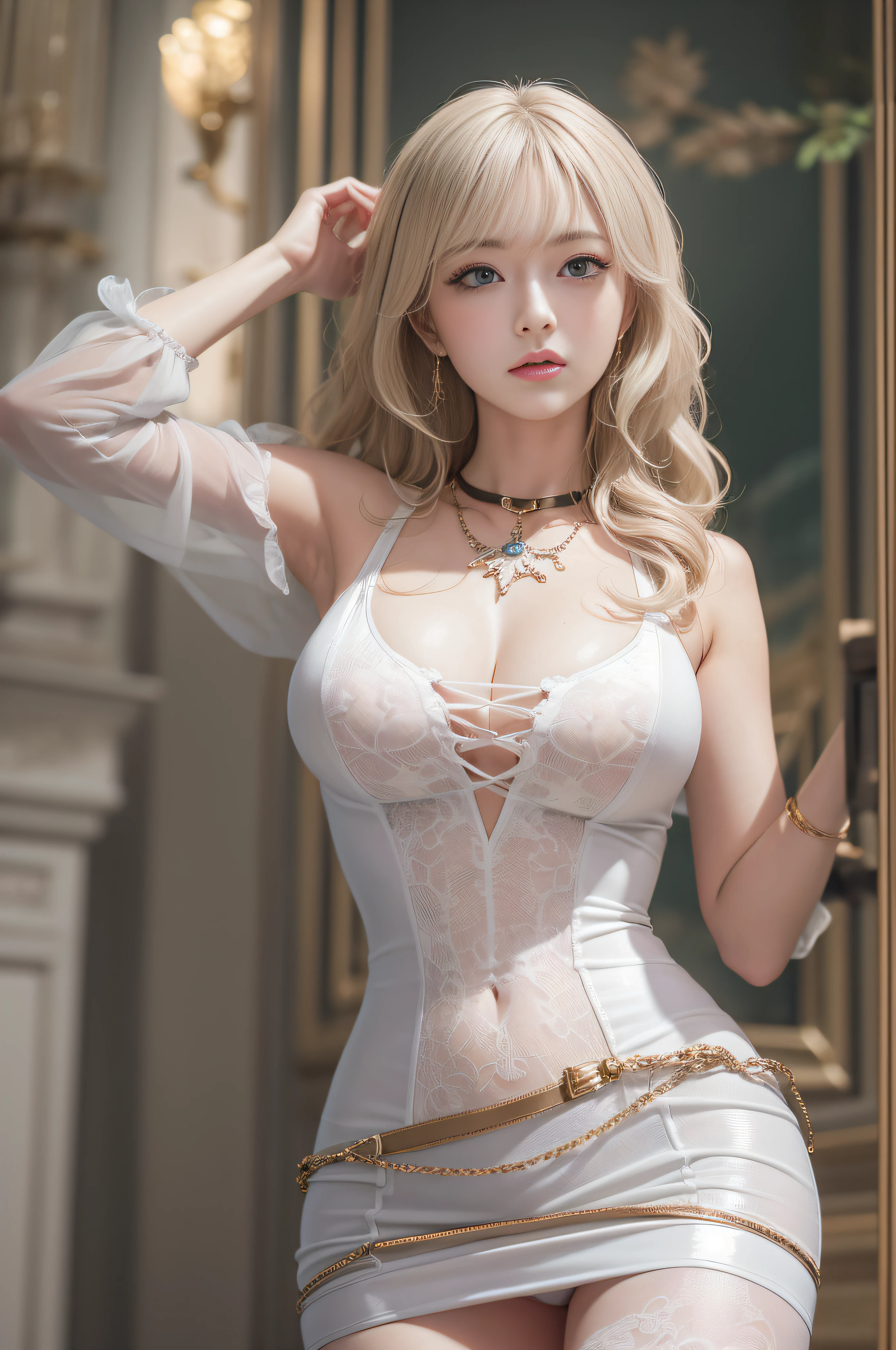 high-level image quality、newyork、luxury hotel、an elegant woman、耳Nipple Ring、a miniskirt、A bracelet、T back、Colossal tits、a necklace、Slim waist、pantyhose、sexypose、seductiv、(A hyper-realistic), (illustratio), (hight resolution), (8K), (ighly detailed), (The best illustrations), (beatiful detailed eyes), (top-quality), (ultra-detailliert), (masterpiece), (wall-paper), (详细的脸), 独奏, 1 girl in, White wavy hair, Korea person, Iris heterochromatic eyes, small moles under eyes, Loose white shirt, maid clothes,, long legged, Tight abs, camel's toe, Stockings