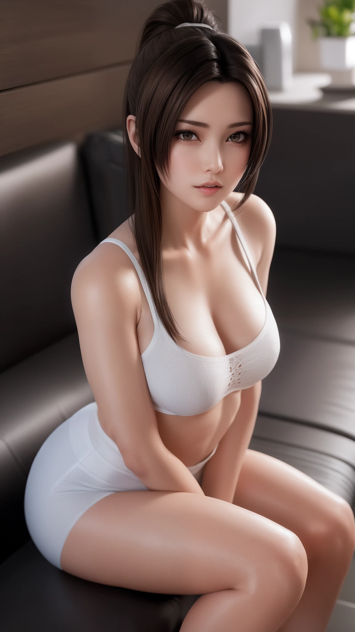 Mai shiranui, posando pra foto sentada usando apenas uma toalha, cabelo castanho, olhos castanhos, corpo perfeito, sexy, seductiveexpression, textura ultra realista