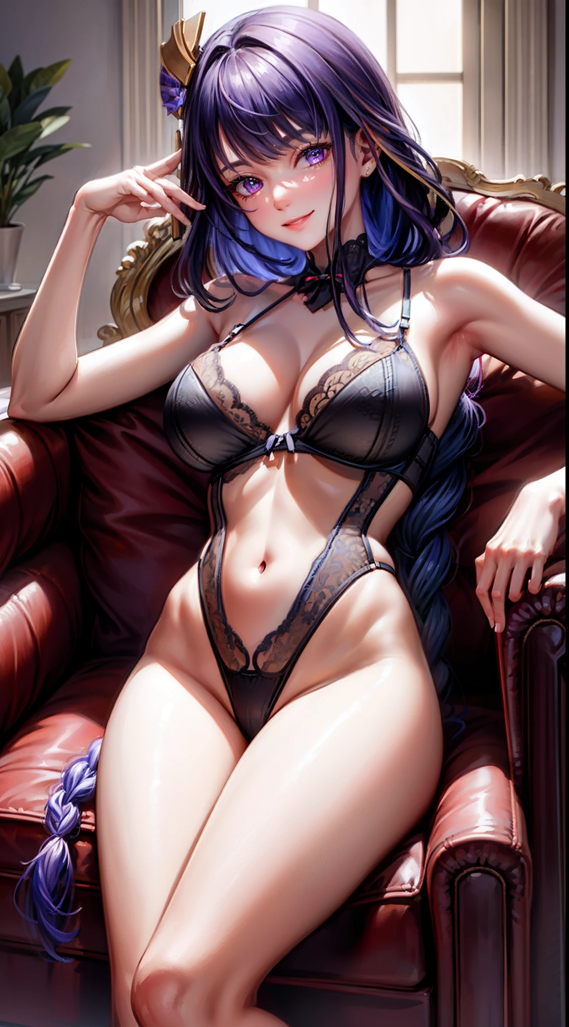 (Raidendef:1.4), 8k, highres, ultra detailed, (masterpiece:1.4), best quality, Perfect symmetrical body, (luxurious lingerie:1.4), lying in a sensual pose on sofa, cute, solo, long braided hair, purple hair, purple eyes, glow effect, finely eye, wide smile, detailed face, looking at viewer, smilling at viewer, saloon, angled view, huge breasts, voluptous, Perfect fingers, Perfect body