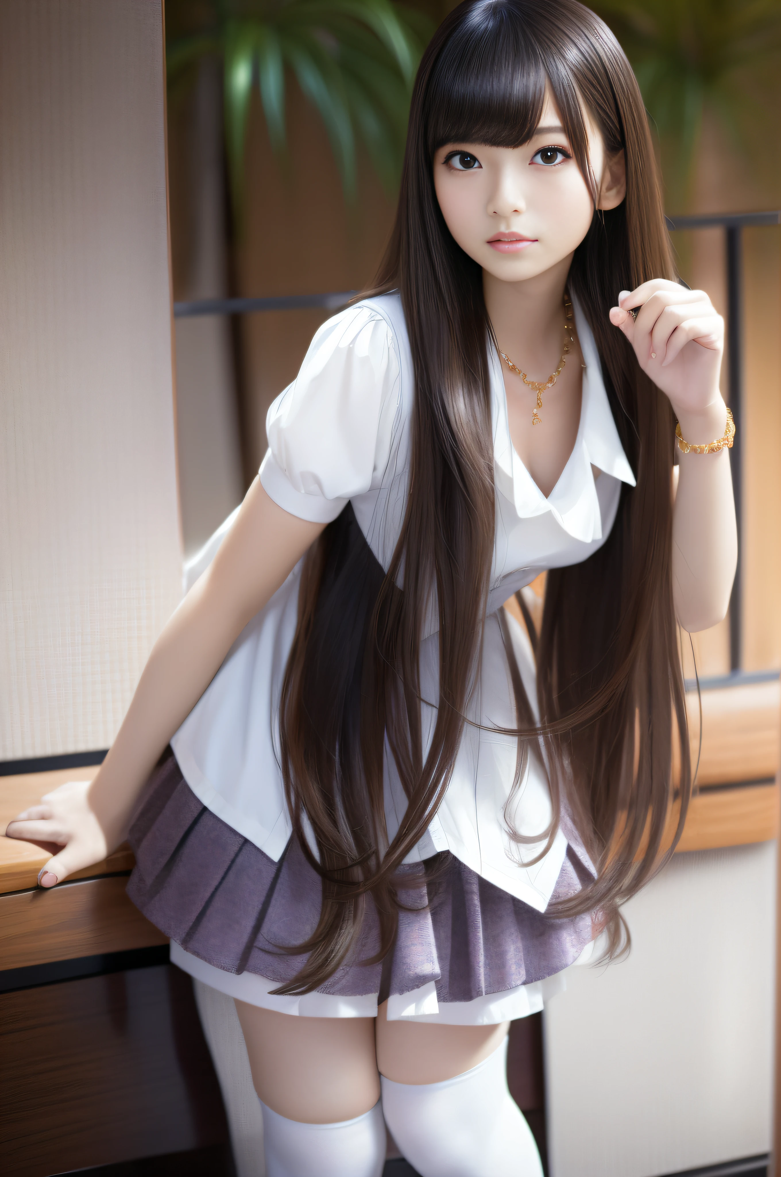 high-level image quality、newyork、luxury hotel、an elegant woman、耳Nipple Ring、a miniskirt、A bracelet、T back、Colossal tits、a necklace、Slim waist、pantyhose、sexypose、seductiv、(A hyper-realistic), (illustratio), (hight resolution), (8K), (ighly detailed), (The best illustrations), (beatiful detailed eyes), (top-quality), (ultra-detailliert), (​masterpiece), (wall-paper), (详细的脸), 独奏, 1 girl in, White wavy hair, Korea person, Iris heterochromatic eyes, small moles under eyes, Loose white shirt, maid clothes,, long legged, Tight abs, camel's toe, Stockings