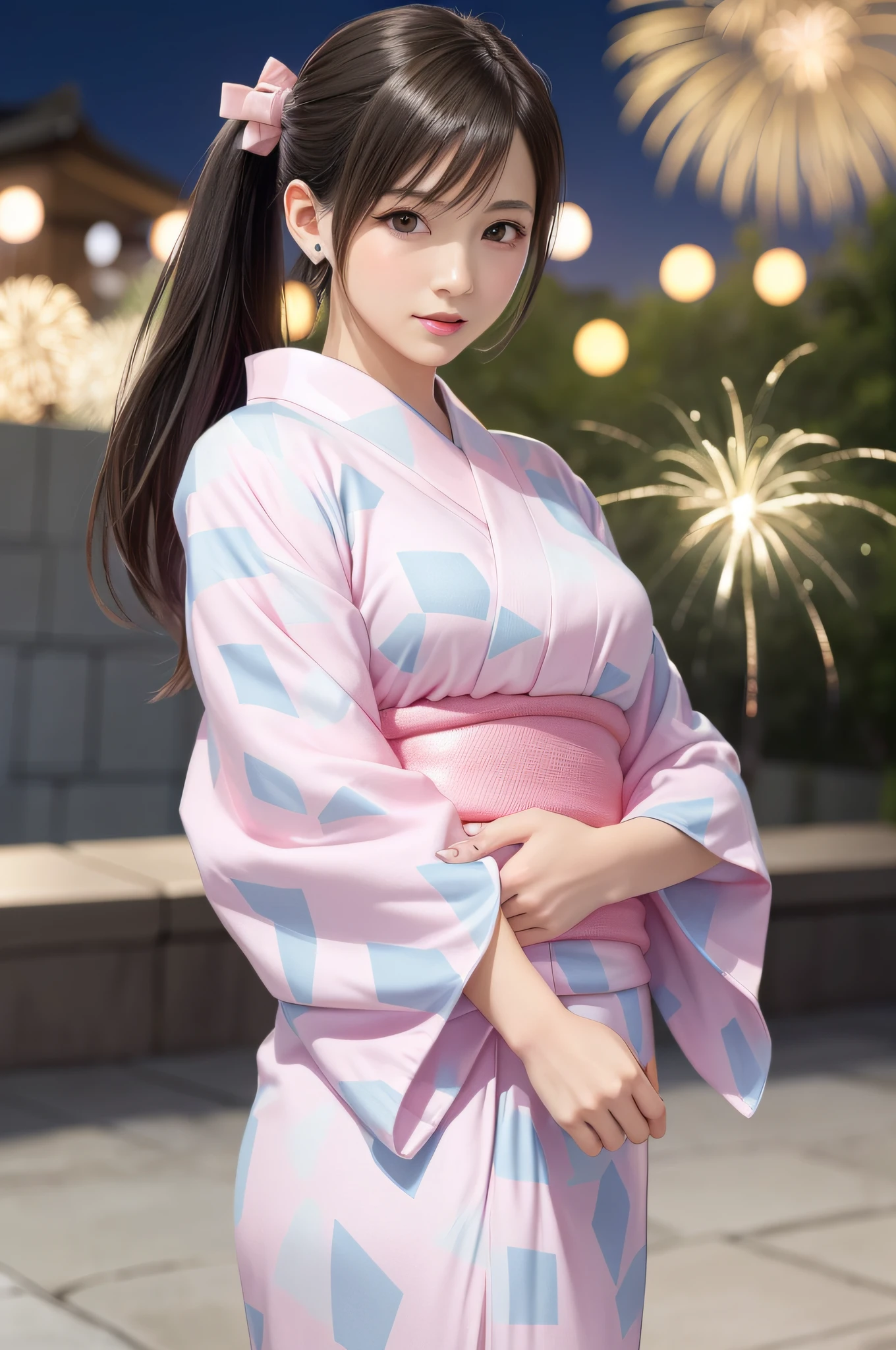 (top quality, masutepiece: 1.1), (Real: 1.4), BREAK (((FF7)))(((Tifa))),(Tifa:1.2,ponytail),(Fireworks:1.1,evening:1.5), BREAK (((FF7)))(((Tifa))),(light brown hair, Large breasts: 1.2), (Tifa wearing pink cute yukata:1.8), BREAK (oiled skin: 1.4), About 18 years old,