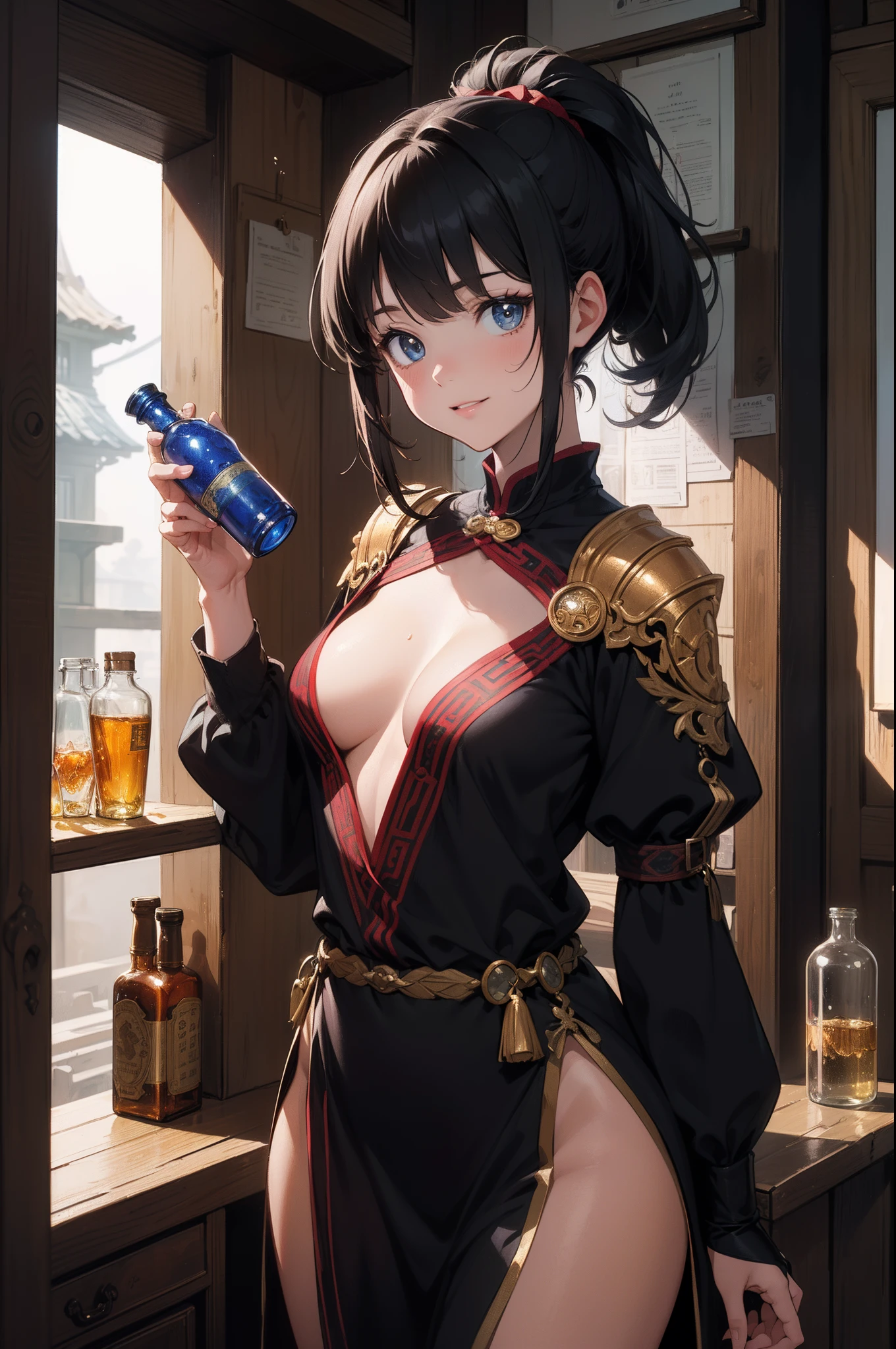 (anime,8k,masterpiece, top quality, best quality,beautiful and aesthetic:1.2,professional illustrasion:1.1,ultra detail:1.3,perfect lighting),extremely detailed,highest detailed,incredibly absurdres , highres, ultra detailed,intricate:1.6, ((fantasy style:1.4)),(anime,8k,masterpiece, top quality, best quality,beautiful and aesthetic:1.2,professional illustrasion:1.1,ultra detail:1.3,perfect lighting),extremely detailed,highest detailed, absurdres , highres, ultra detailed,intricate:1.4,Alchemy Workshop,A girl mixing,Medicine in many small bottles,holding small potion,colorful:1.4,zentangle,(girl),(Three kingdoms female warload),(highly detailed beautiful face and eyes,big bleasts,firm breasts),oily skin,((black,hair,short bob with short pony tail hair)),thin pubic hair,cute,lovely,alchemist costume,smile,nsfw,nude,