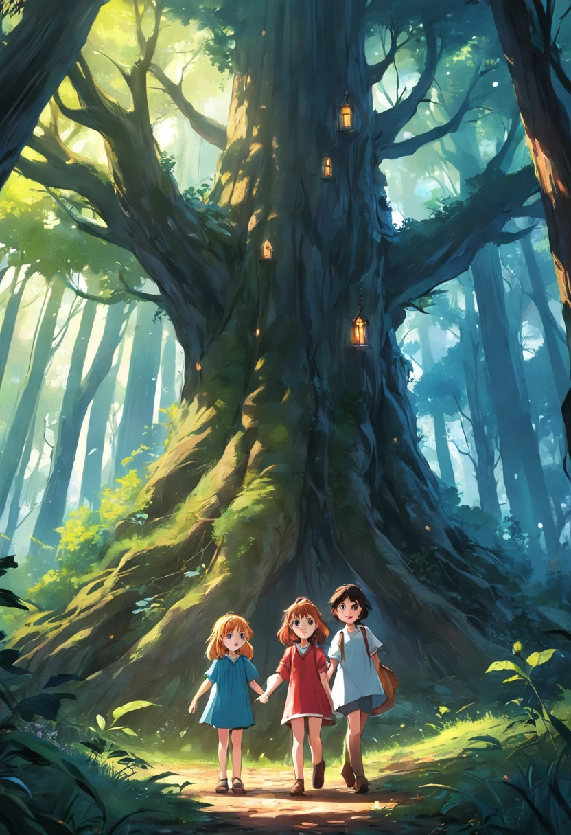 Draw a charming scene that depicts the moment when the four children, Clara, JOHN, Sofia e Pedro, are standing on the edge of the dense forest, com olhares curiosos e surpresos em seus rostos. Na imagem, destaque a entrada da trilha escondida que os leva para dentro da Floresta Encantada. You can include details of the tall and mysterious trees around, plus subtle clues to the wonders they're about to discover.
This will help illustrate the opening chapter of the story, where the children are about to enter the Enchanted Forest and begin their exciting journey.